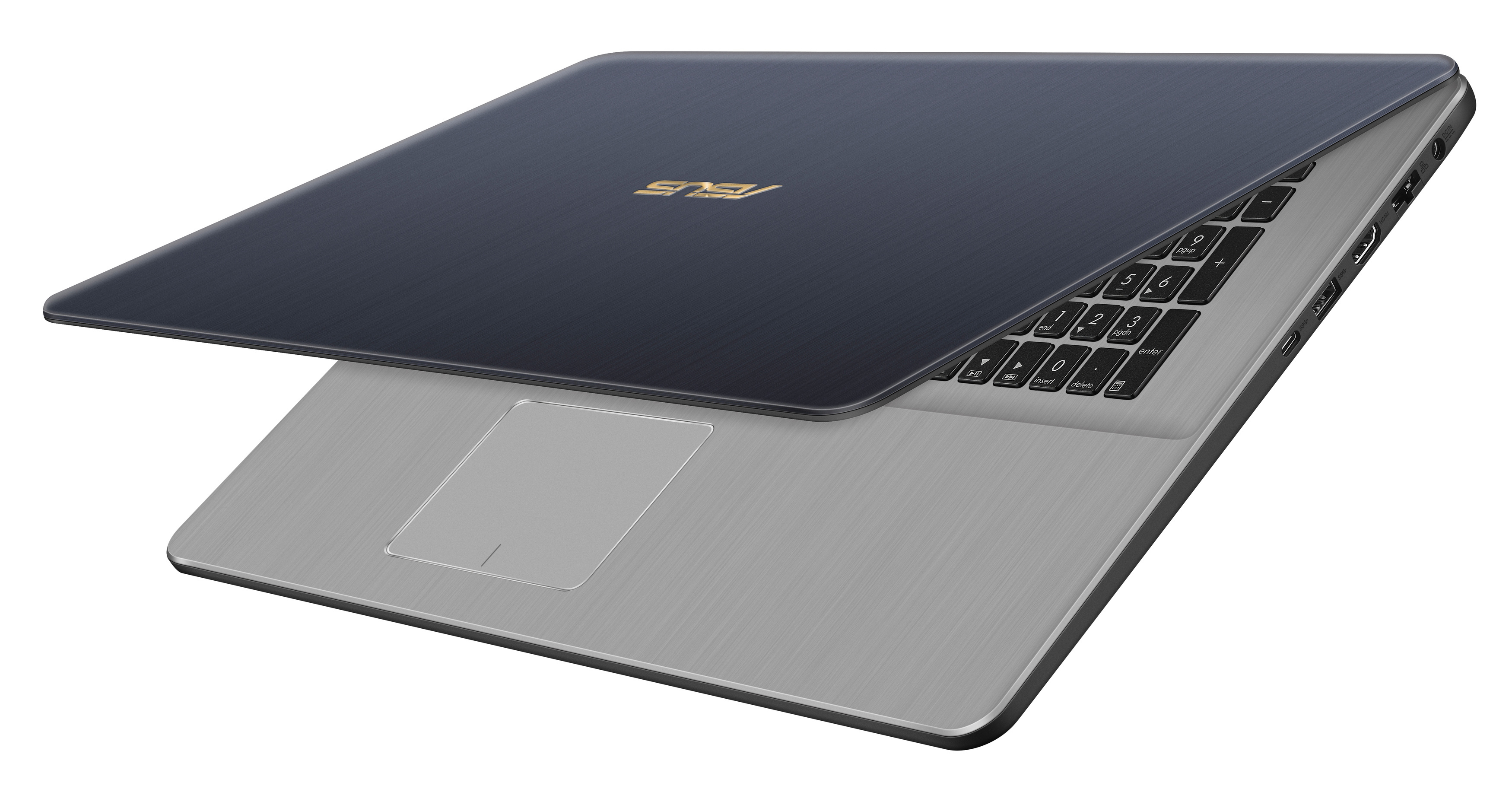 Ein geschlossener blauer Asus-Laptop mit silberner Tastatur und Touchpad auf weißem Hintergrund.