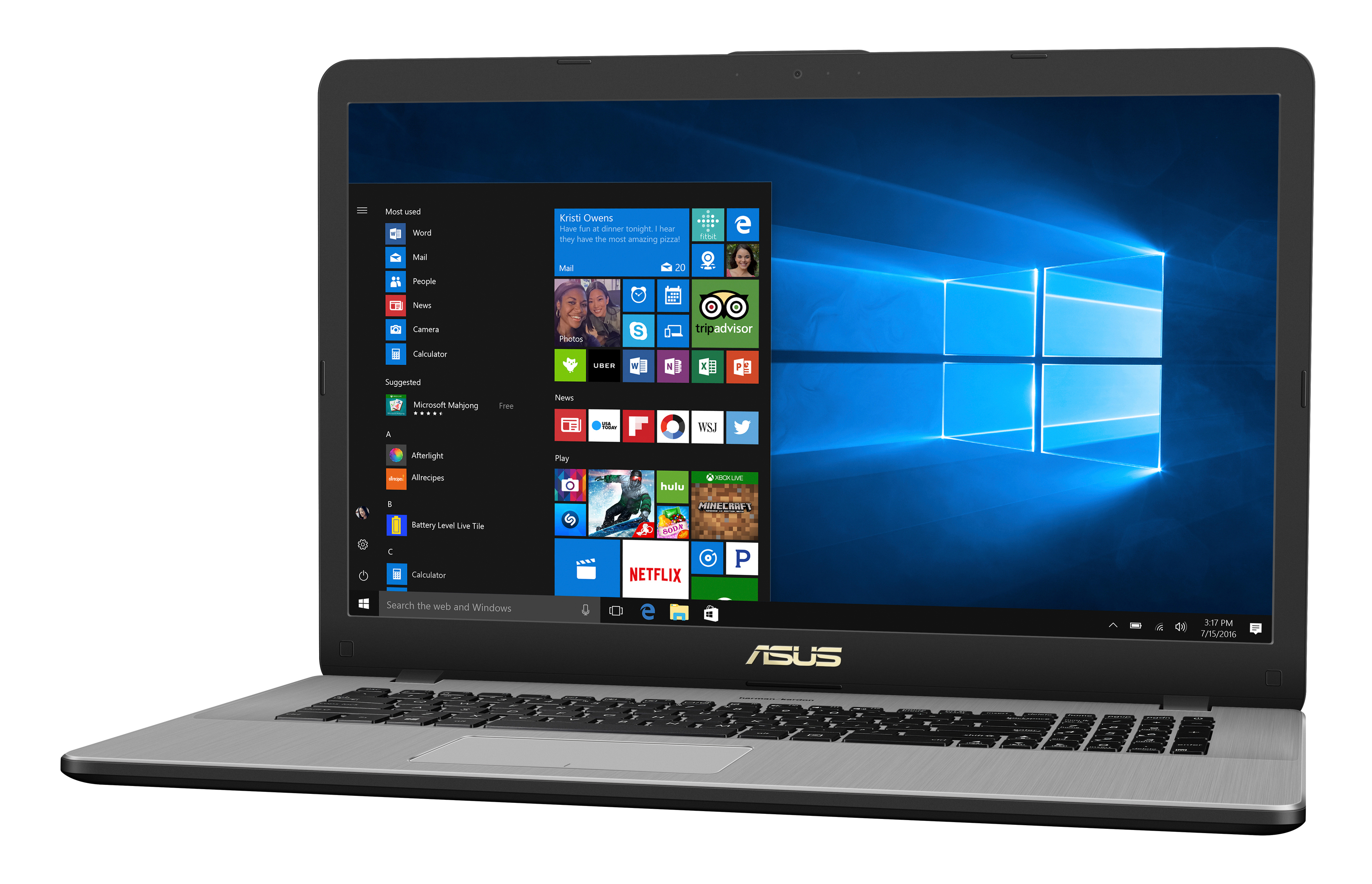 Ein offener silberner ASUS-Laptop zeigt das Windows 10-Startmenü und einen blauen Desktop.