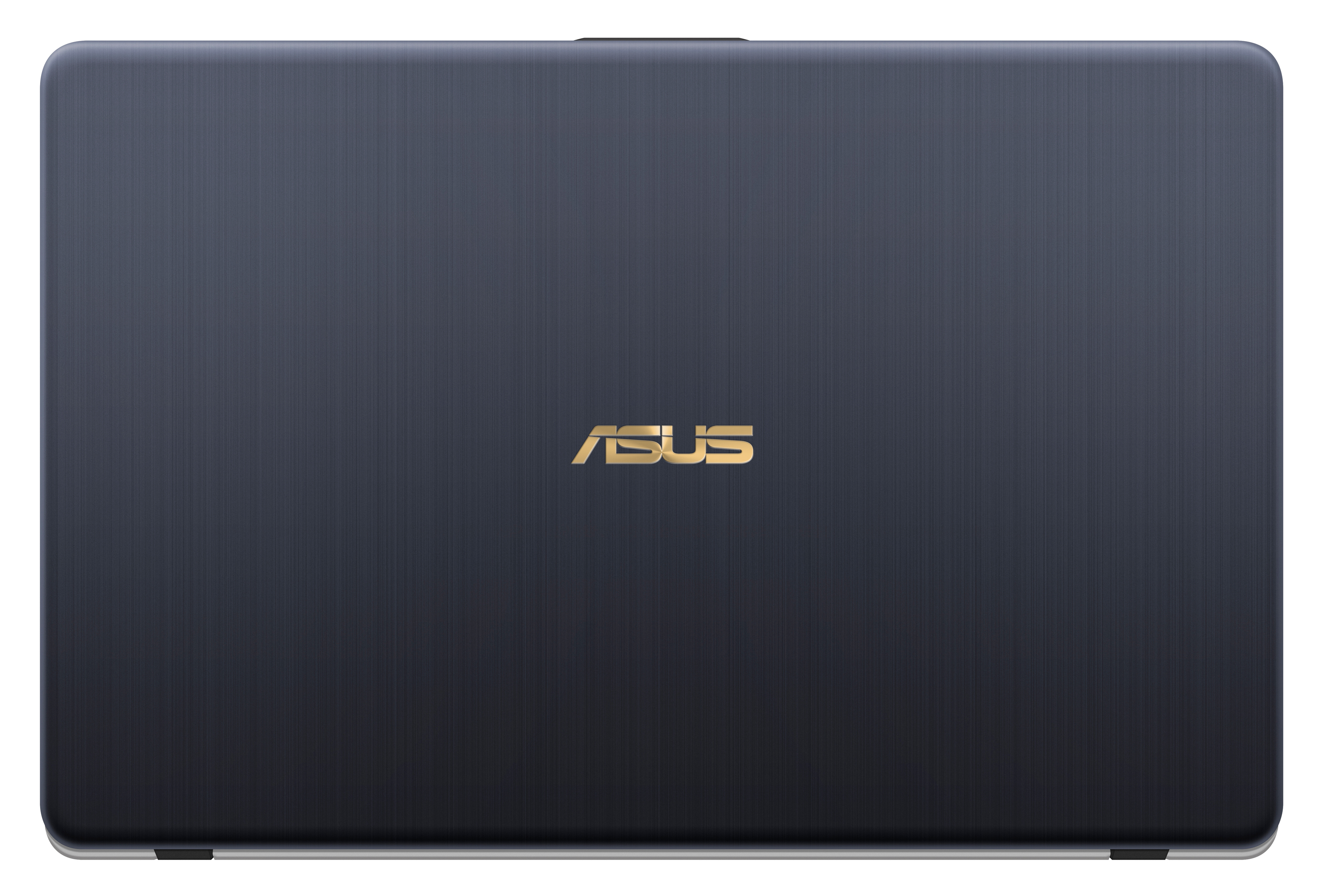 Die geschlossene Oberseite eines blauen Asus-Laptops mit zentriertem goldenen Logo.