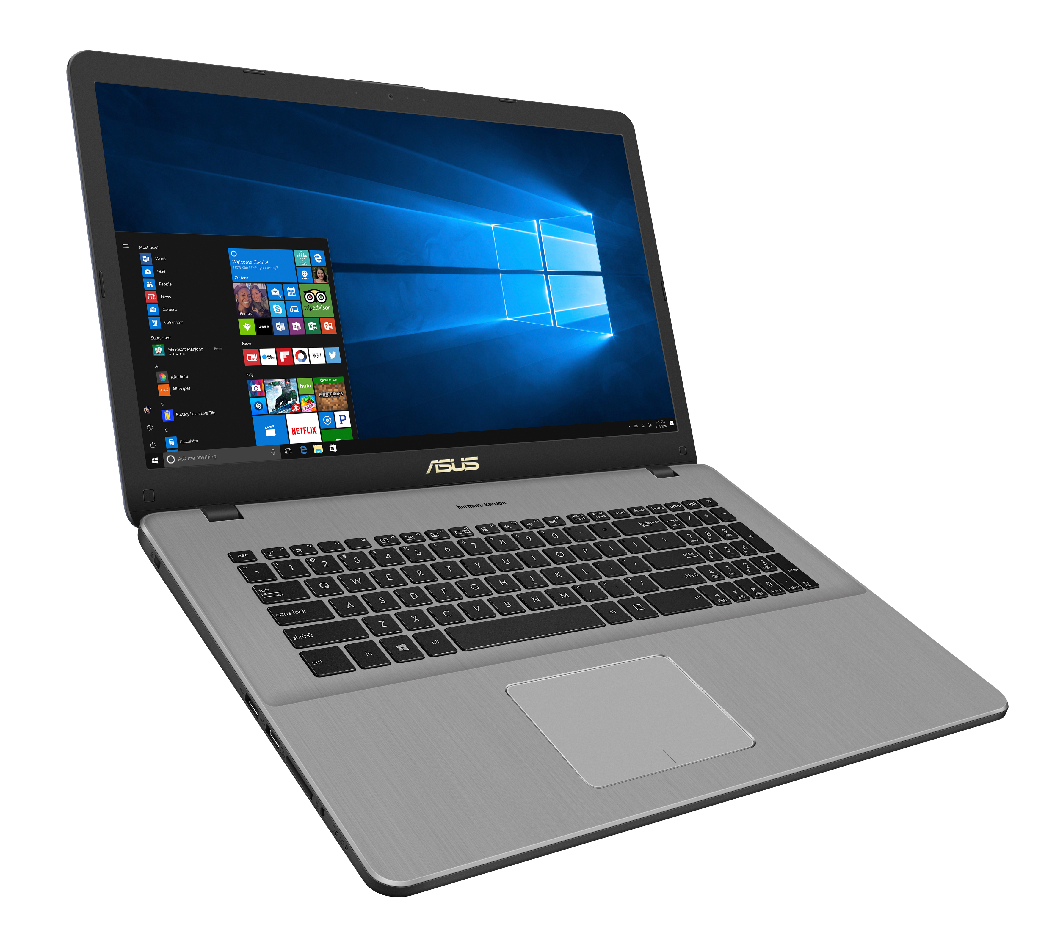 Ein offener silberner ASUS-Laptop mit Windows-10-Desktop, von oben vor weißem Hintergrund.
