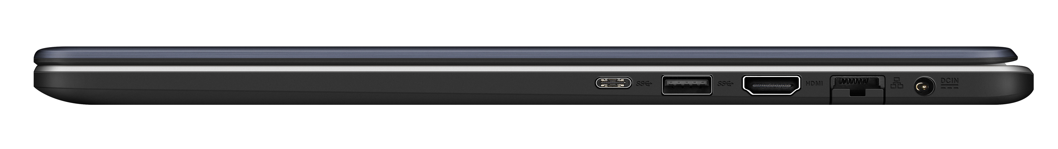 Seitenansicht eines geschlossenen Laptops mit USB-C, USB, HDMI, Ethernet und Ladeanschluss auf hellem Hintergrund.