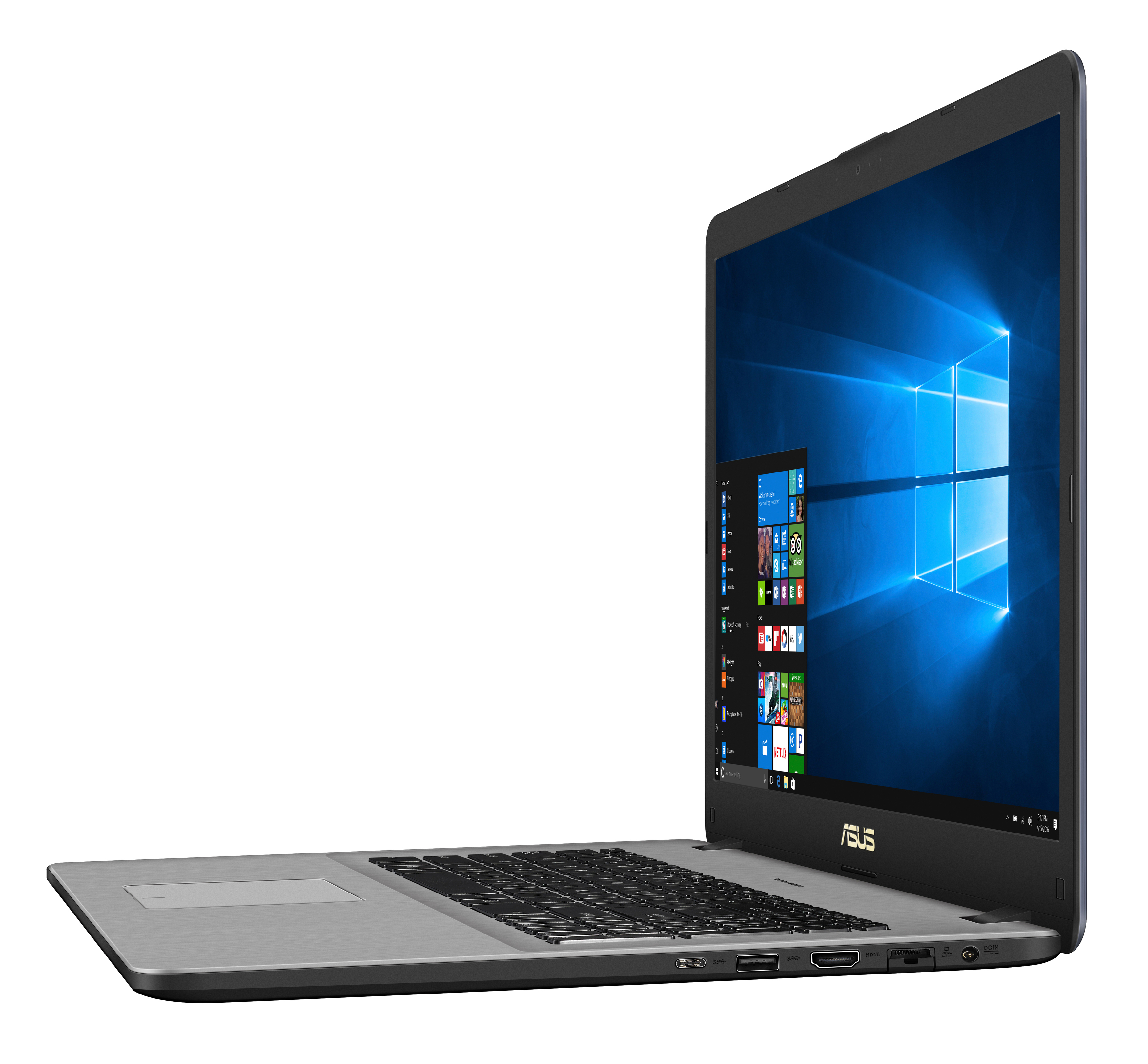 Seitenansicht eines Asus-Laptops mit beleuchtetem Bildschirm und Windows-Desktop auf weißem Hintergrund.