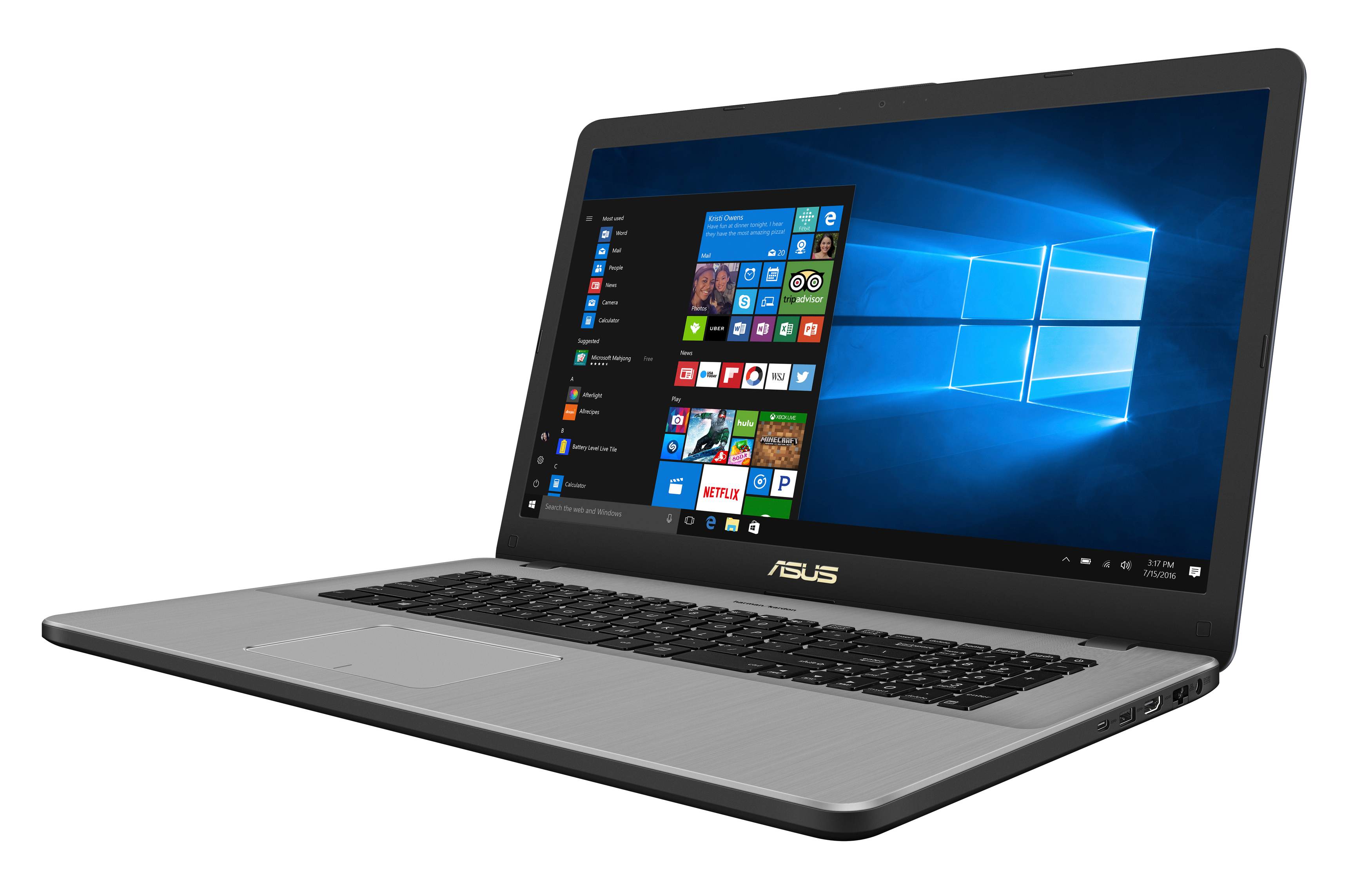 Ein silberner Asus-Laptop mit Windows 10 auf dem Bildschirm steht auf einer glatten, weißen Oberfläche.
