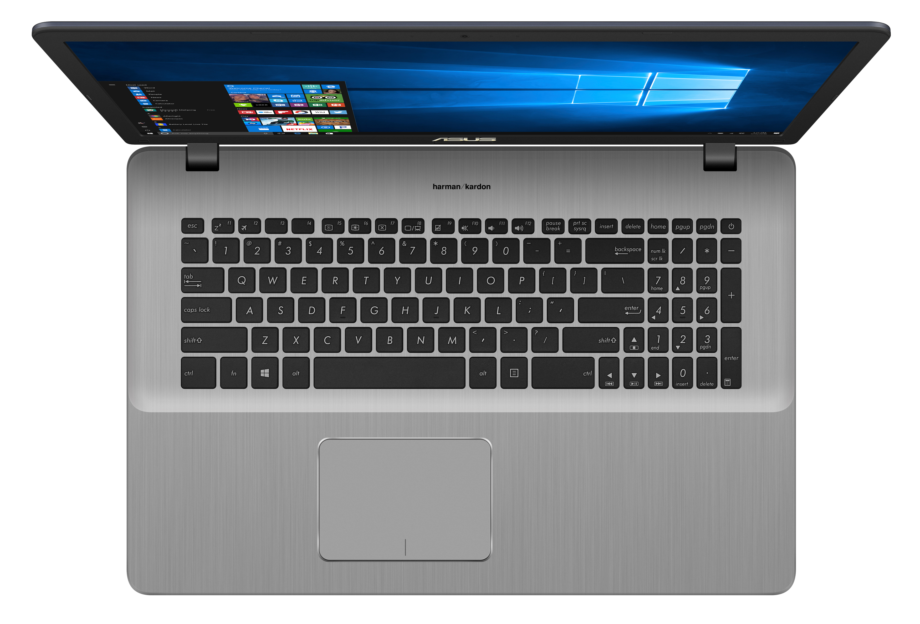 Top-Down-Ansicht eines silbernen Laptops mit beleuchtetem Bildschirm und schwarzer Tastatur auf weißem Hintergrund.