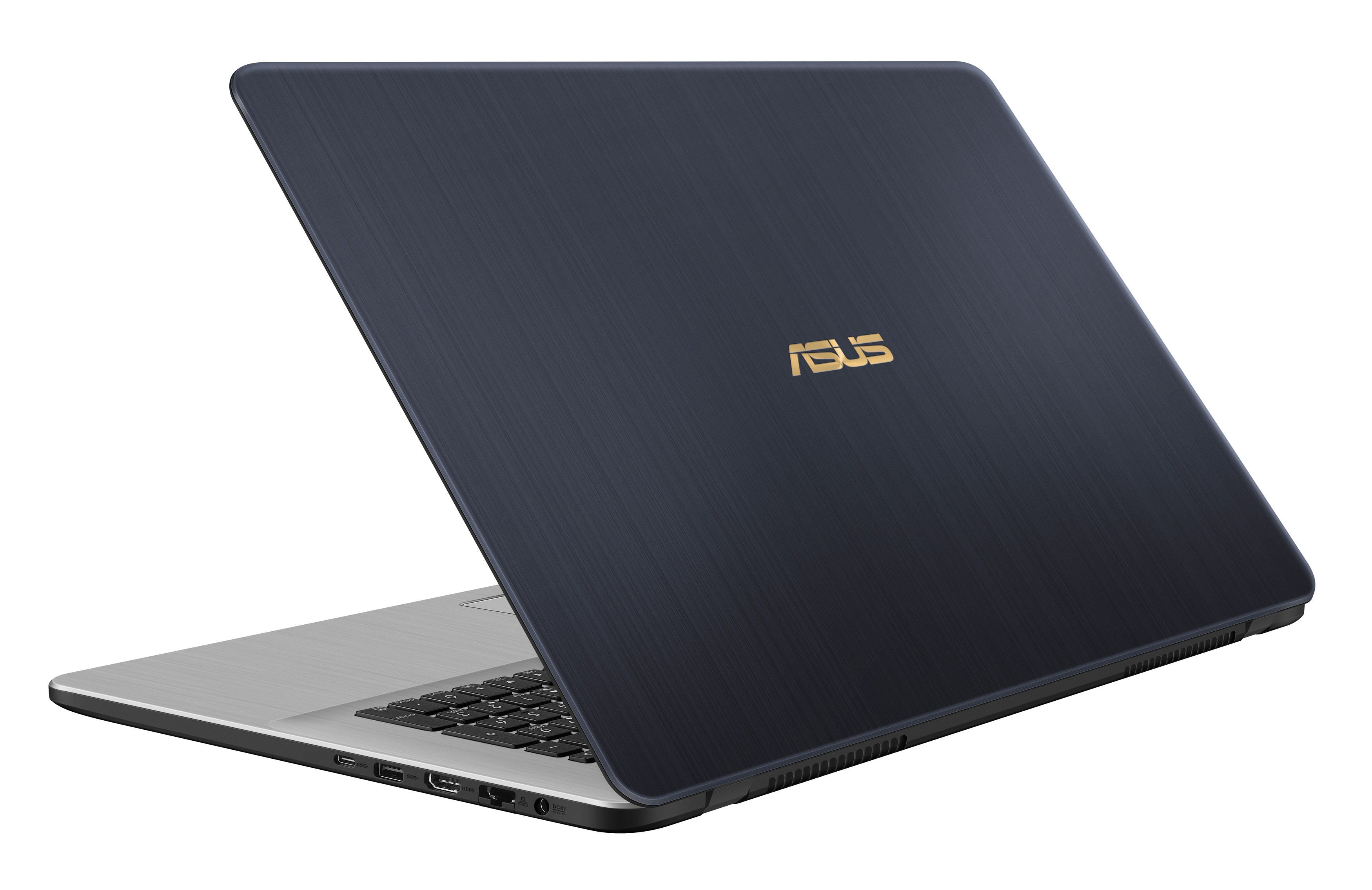 Ein blauer Asus-Laptop mit geöffnetem Display auf weißem Hintergrund, silberne Tastatur und Anschlüsse an der Seite.