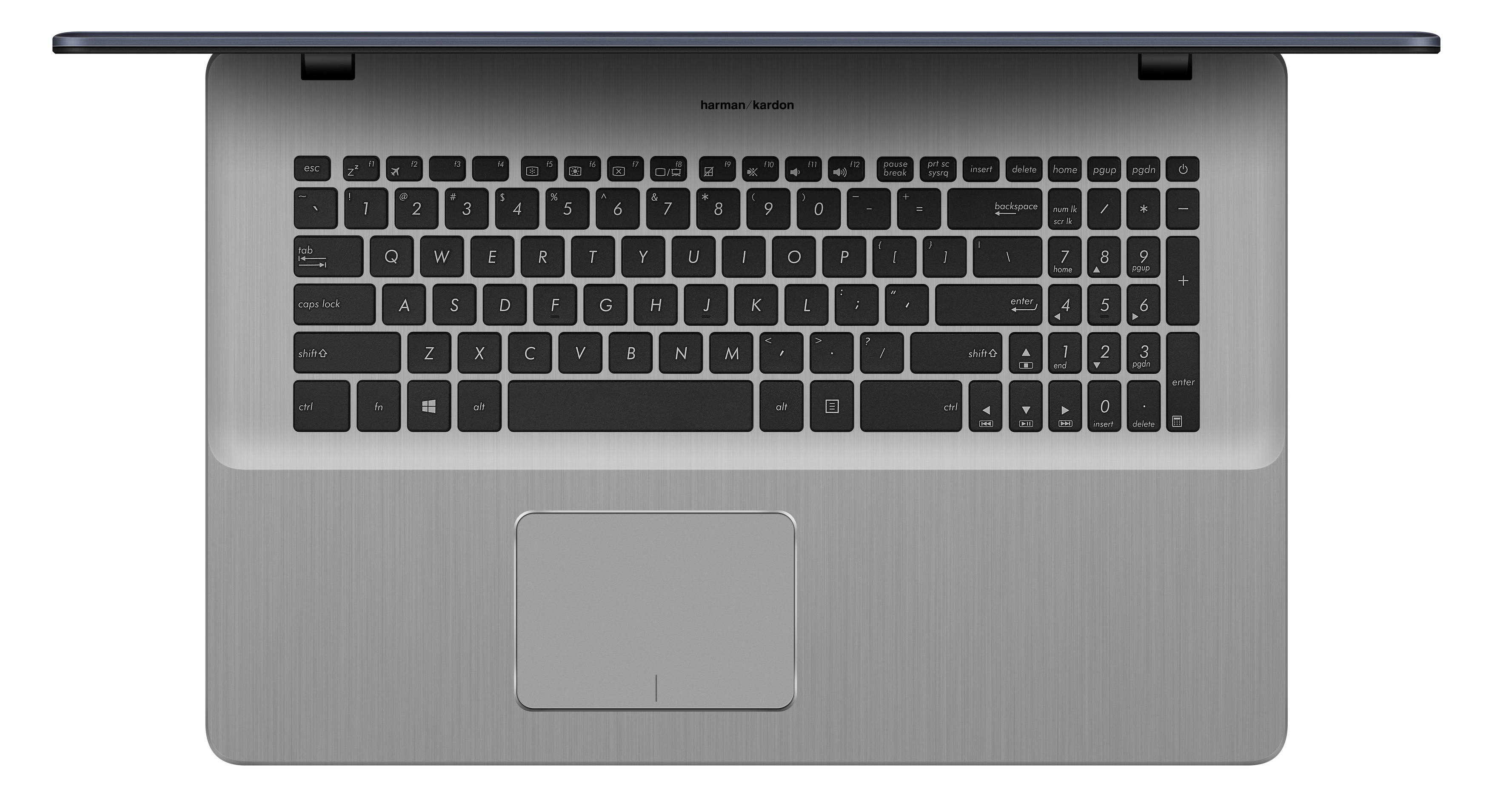 Draufsicht auf silbergrauen Laptop mit schwarzer QWERTZ-Tastatur und integriertem Touchpad auf Metalloberfläche.
