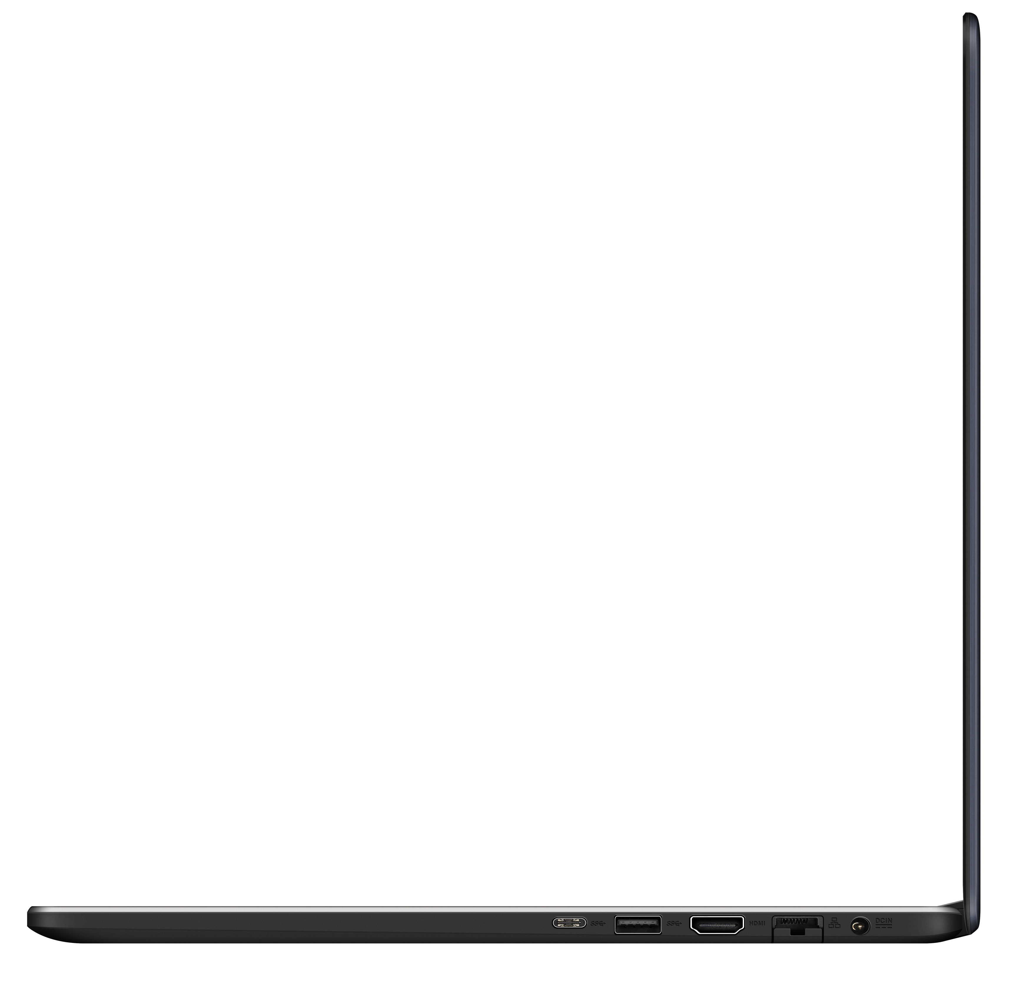 Seitenansicht eines geschlossenen Laptops mit USB-, HDMI- und Netzteilanschlüssen.