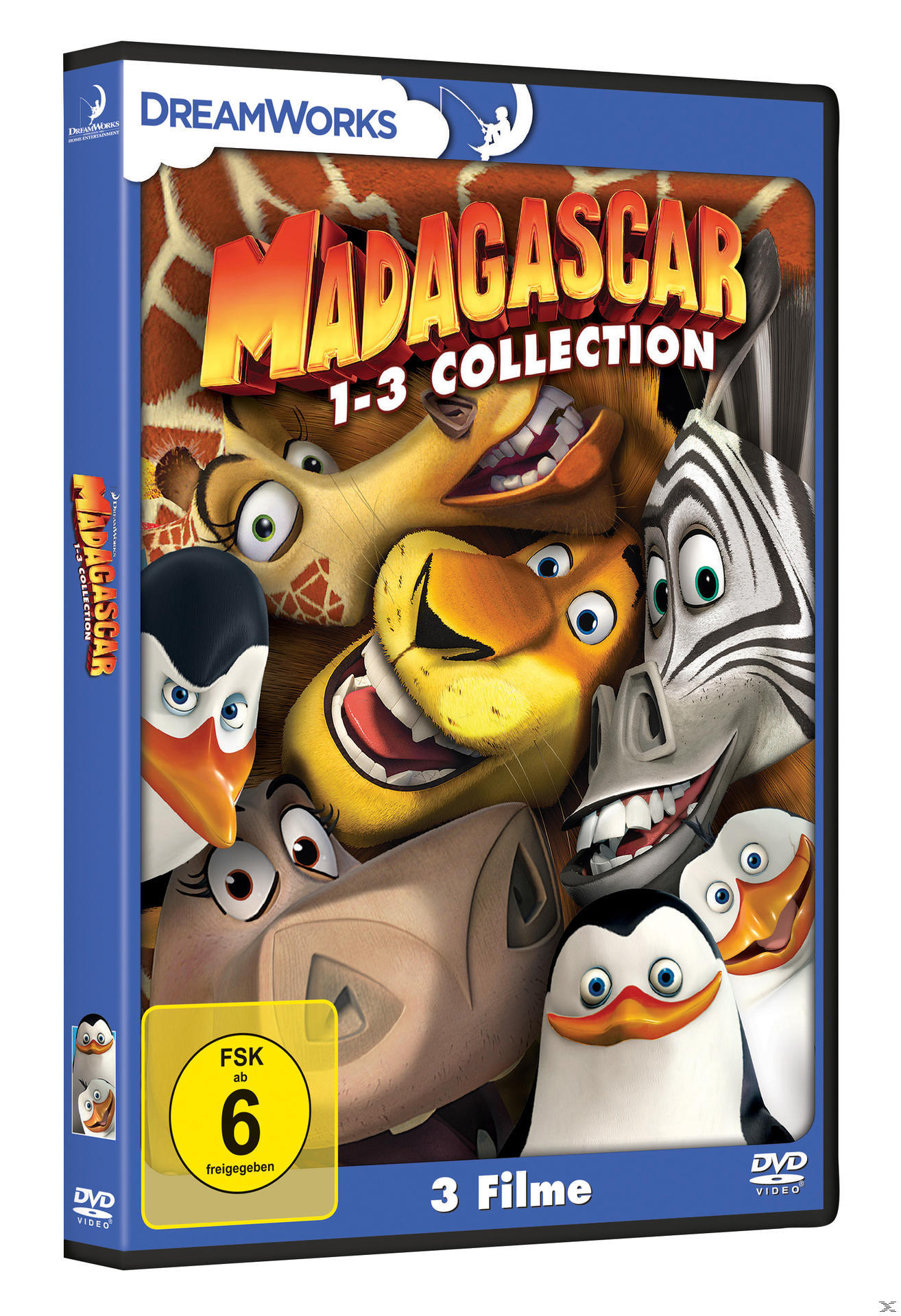 DVD-Hülle mit Madagascar-Charakteren. Der Umschlag zeigt mehrere Charaktere. Die Hülle ist blau.