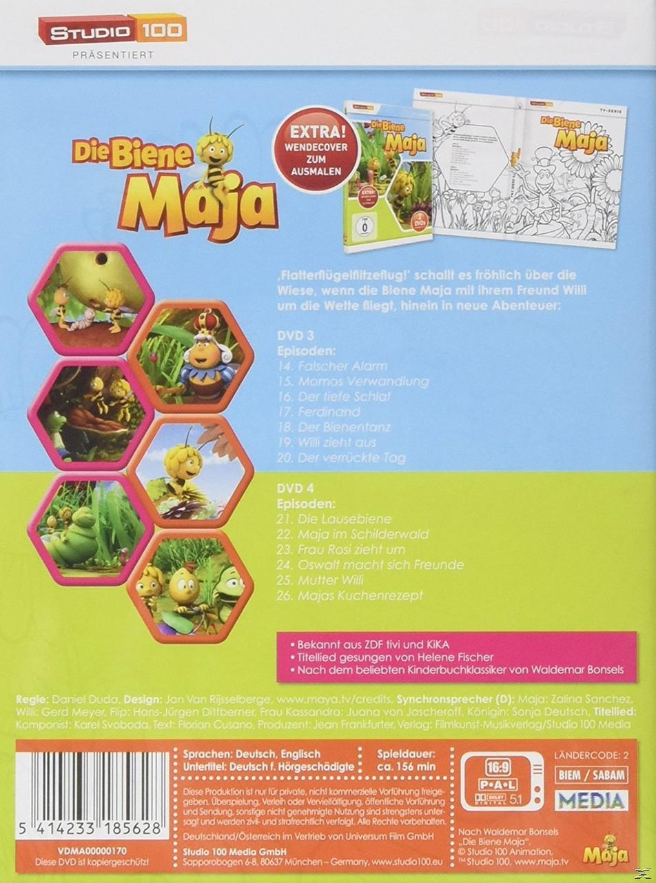 Rückseite einer DVD-Hülle für 'Die Biene Maja' mit bunten Bildern, Text und einem Logo.