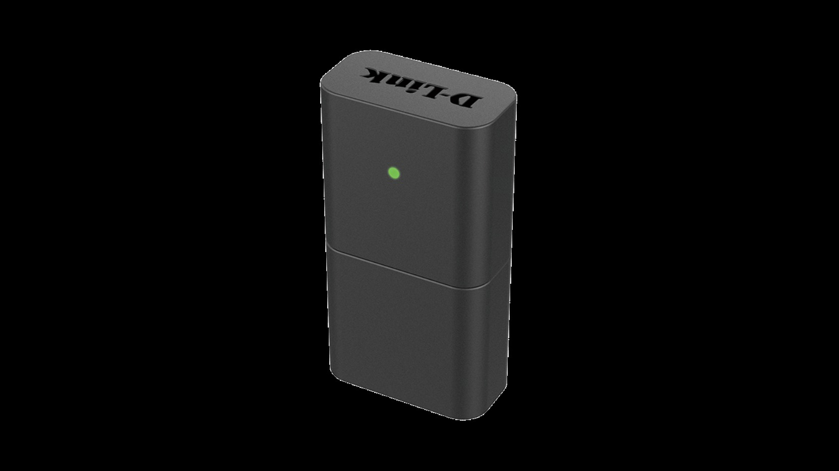 Schwarzer D-Link USB Wi-Fi-Adapter mit grünem Licht, vor dunklem Hintergrund.