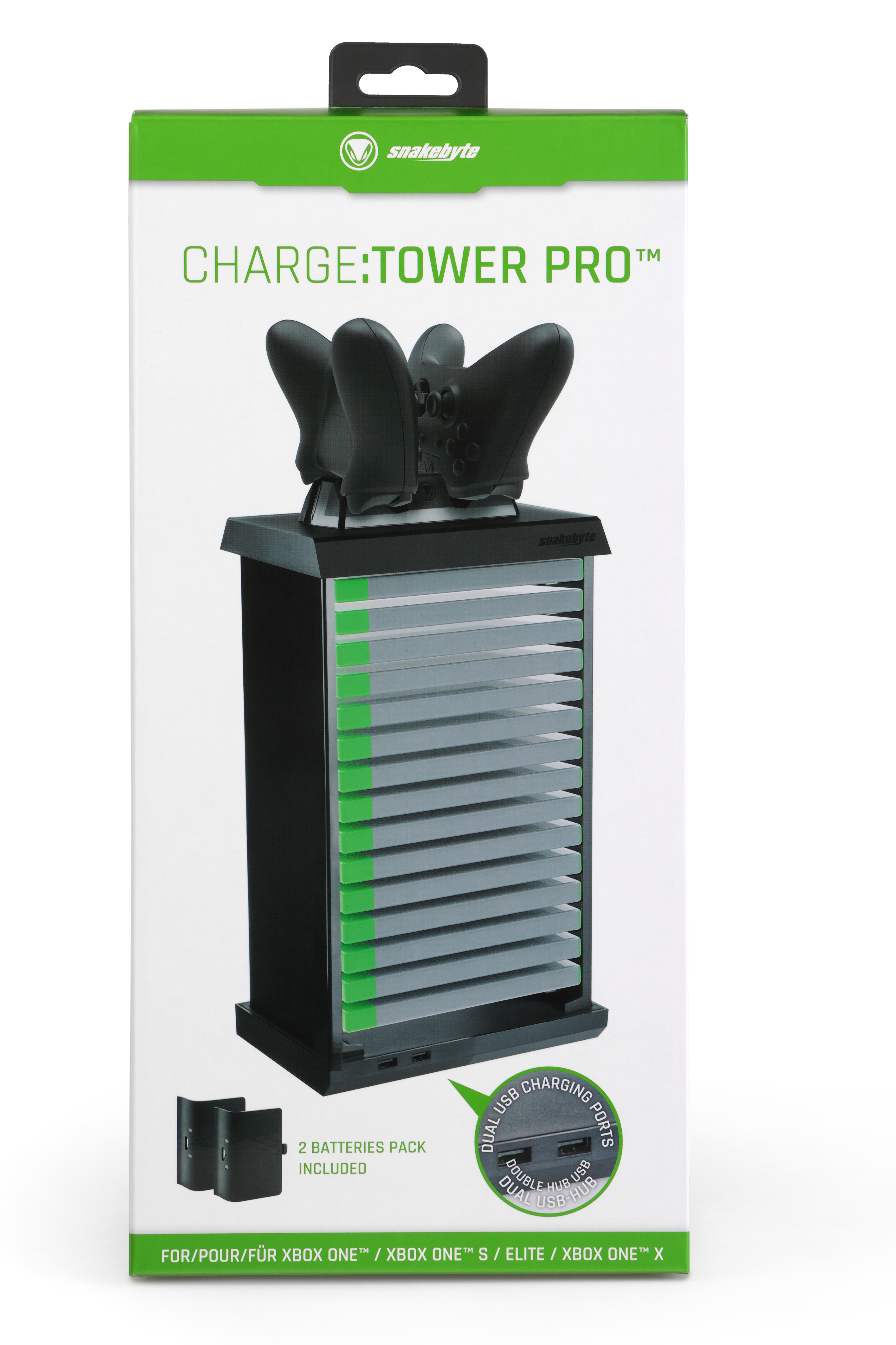 Ladeturm-Box mit Controllern, Batterien und Ladeanschlüssen. Schwarze und grüne Farben.