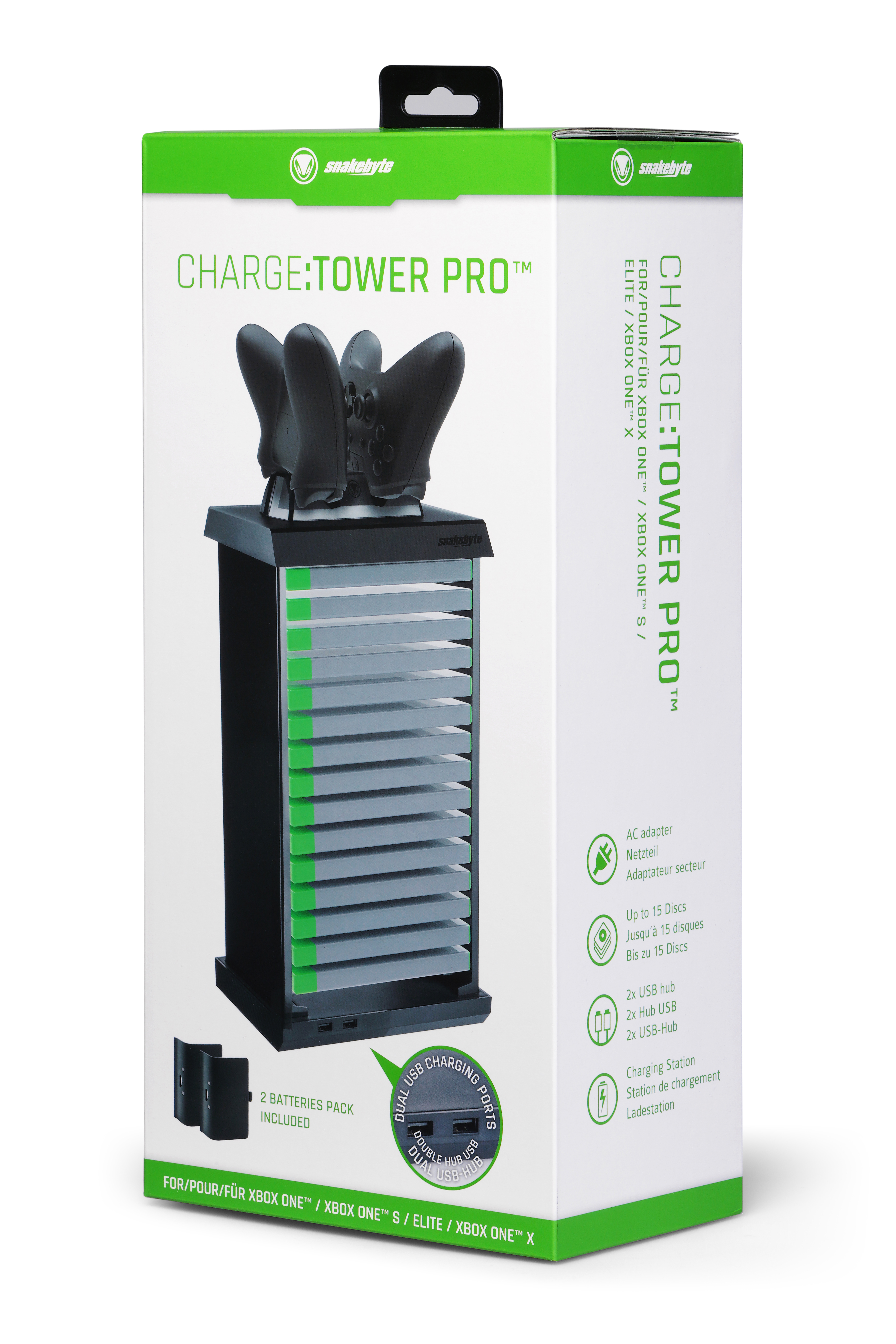 Eine grüne und schwarze Charge:Tower Pro Box mit Zubehör für Xbox One Controller.