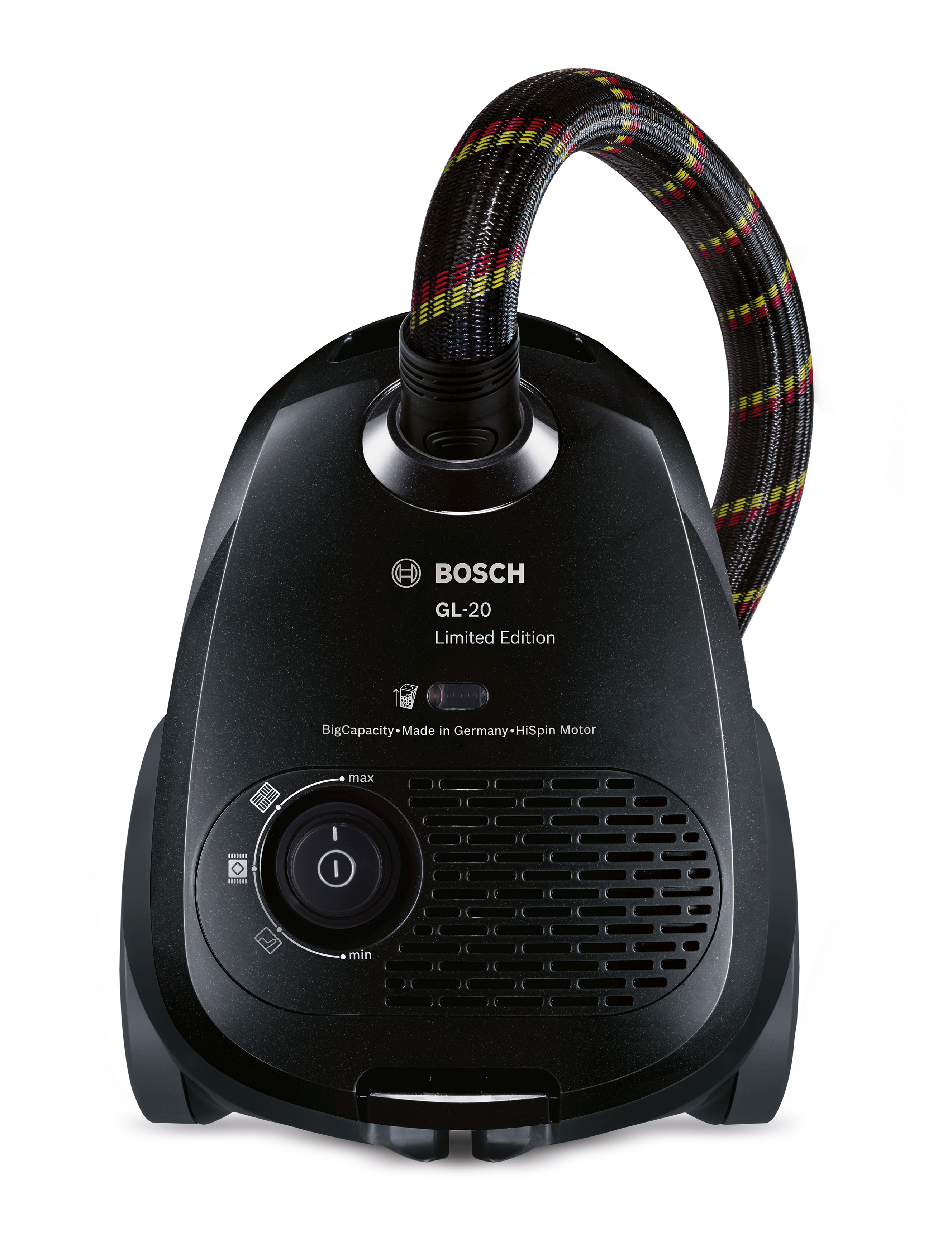 Schwarzer Bosch GL-20 Limited Edition Staubsauger mit Schlauch und Bedienelementen.