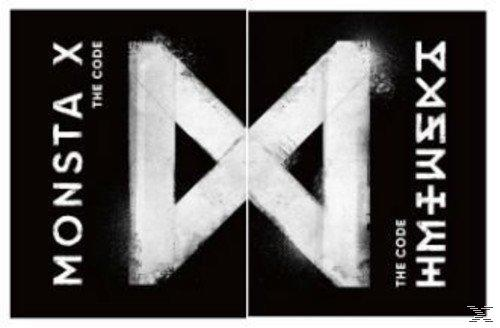 Zwart-wit afbeelding. De tekst MONSTA X en de code. Twee gespiegelde M-vormen.