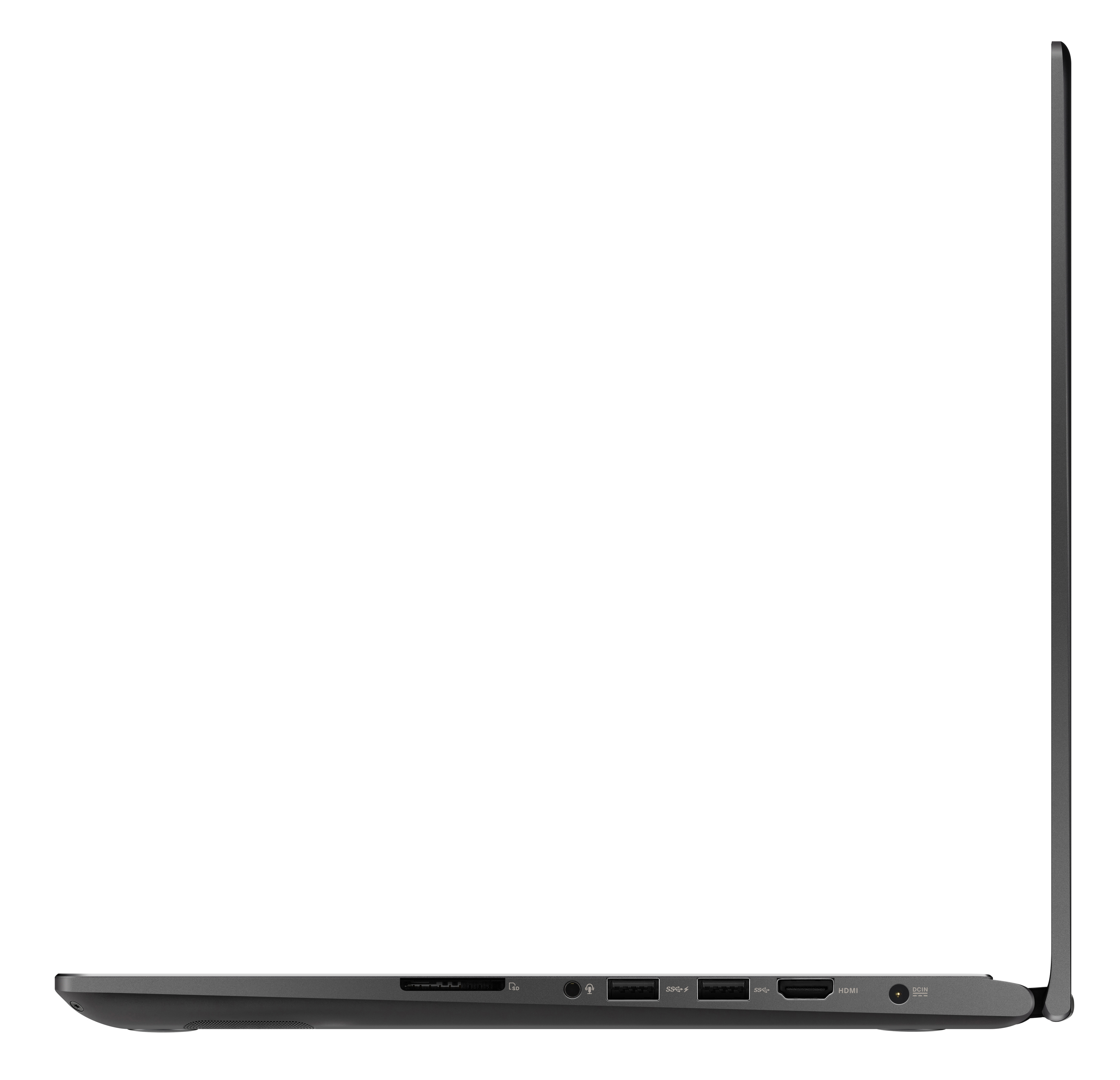 Seitenansicht eines dunklen Laptops mit Anschlüssen und Verbindungen. Weißer Hintergrund.