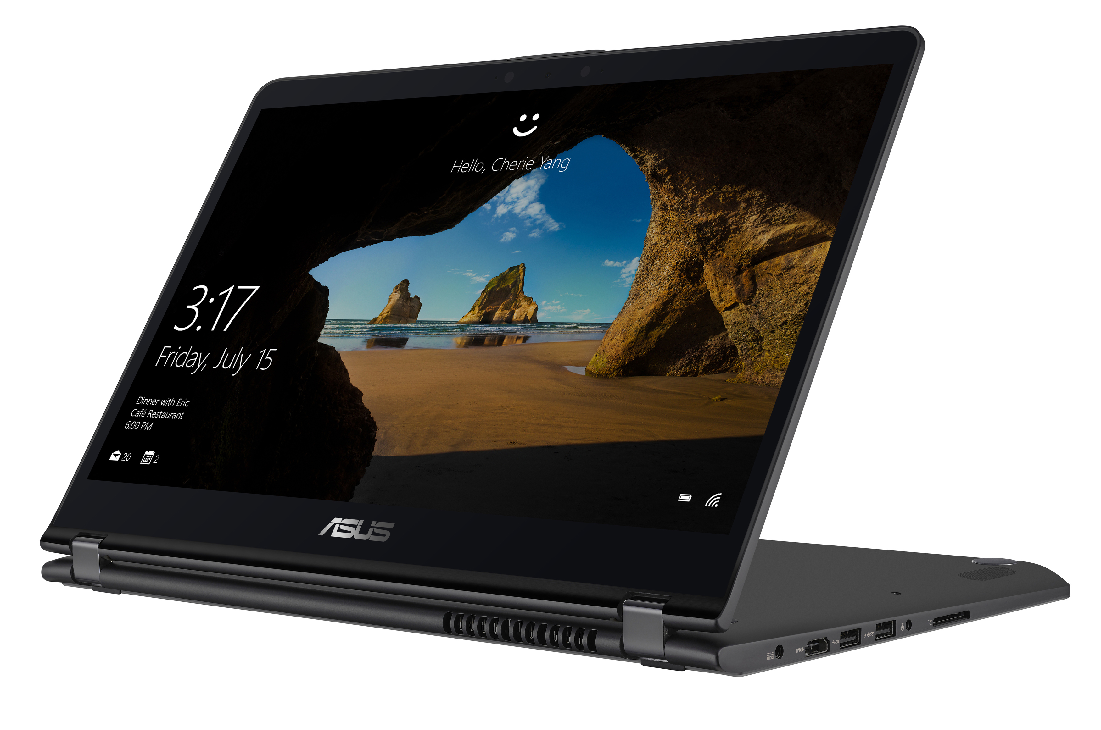 Schwarzes ASUS-Laptop geöffnet, zeigt eine Strandszene auf dem Bildschirm.