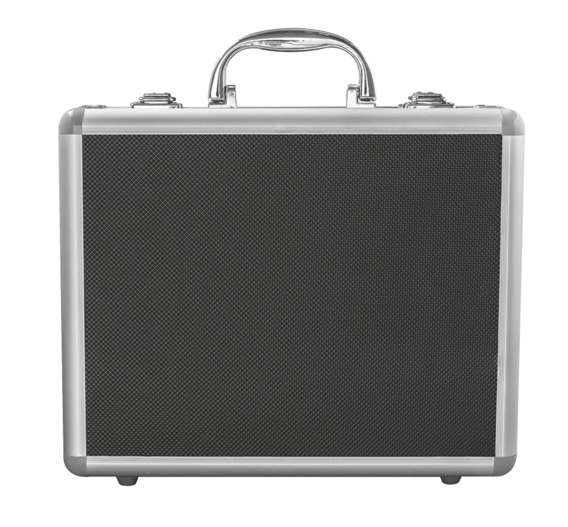 Silver metal briefcase with a textured black front, handle at the top, on a black background.