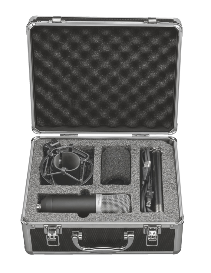 A microphone kit in a black case. It includes a microphone, shock mount, pop filter, and cables.