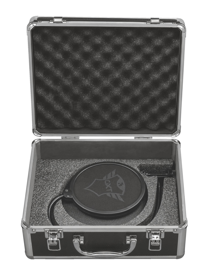 A black case with foam inside holding a pop filter and a microphone.