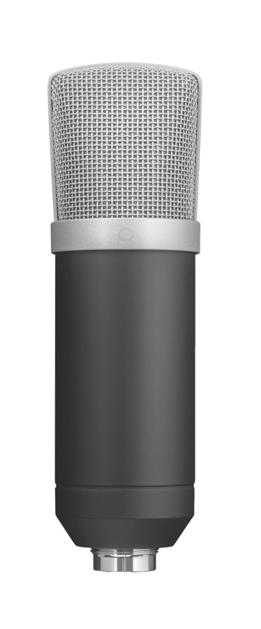 A black microphone with a silver mesh top, positioned on a black background.