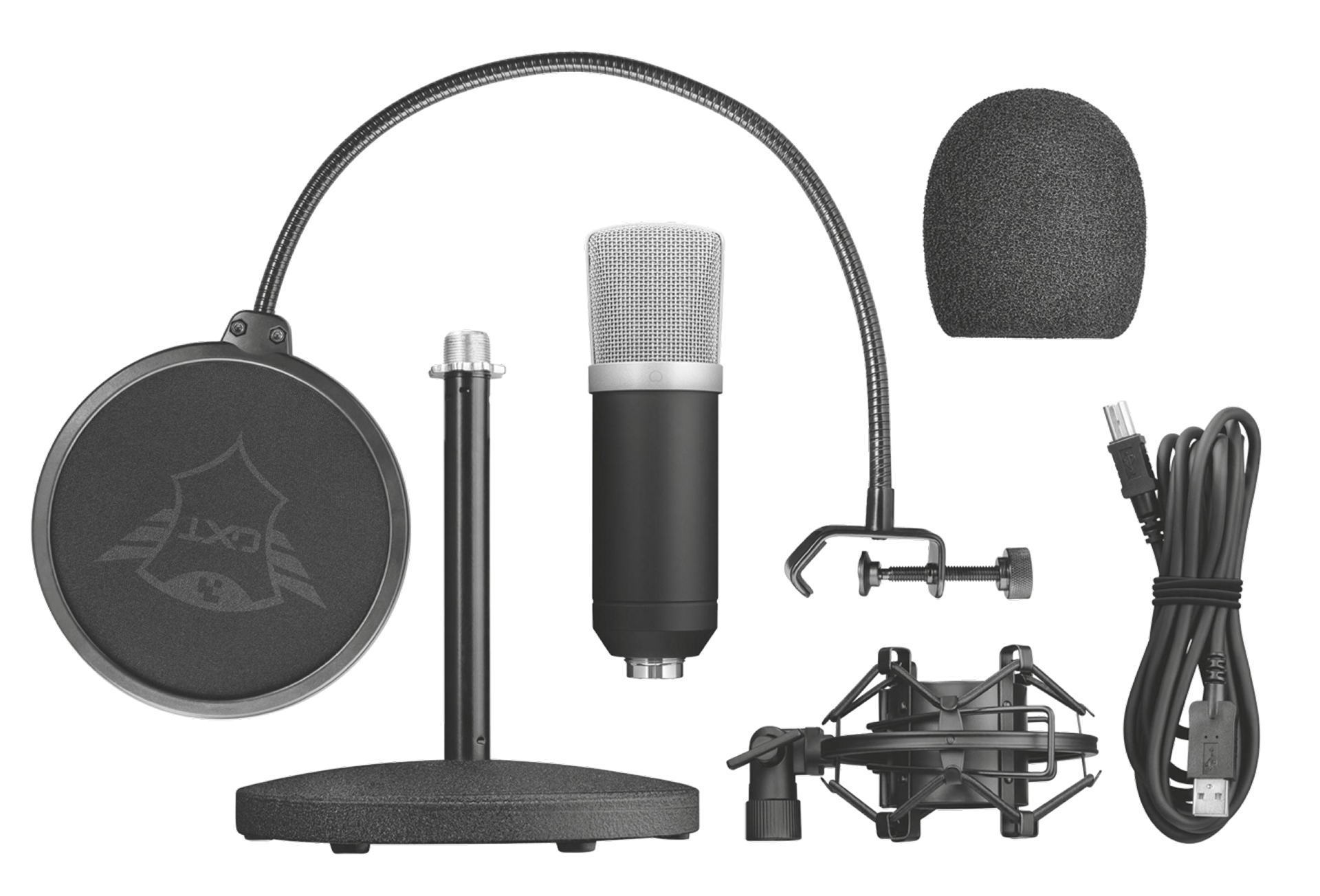 Studio microphone set with a pop filter, stand, shock mount, and a USB cable.