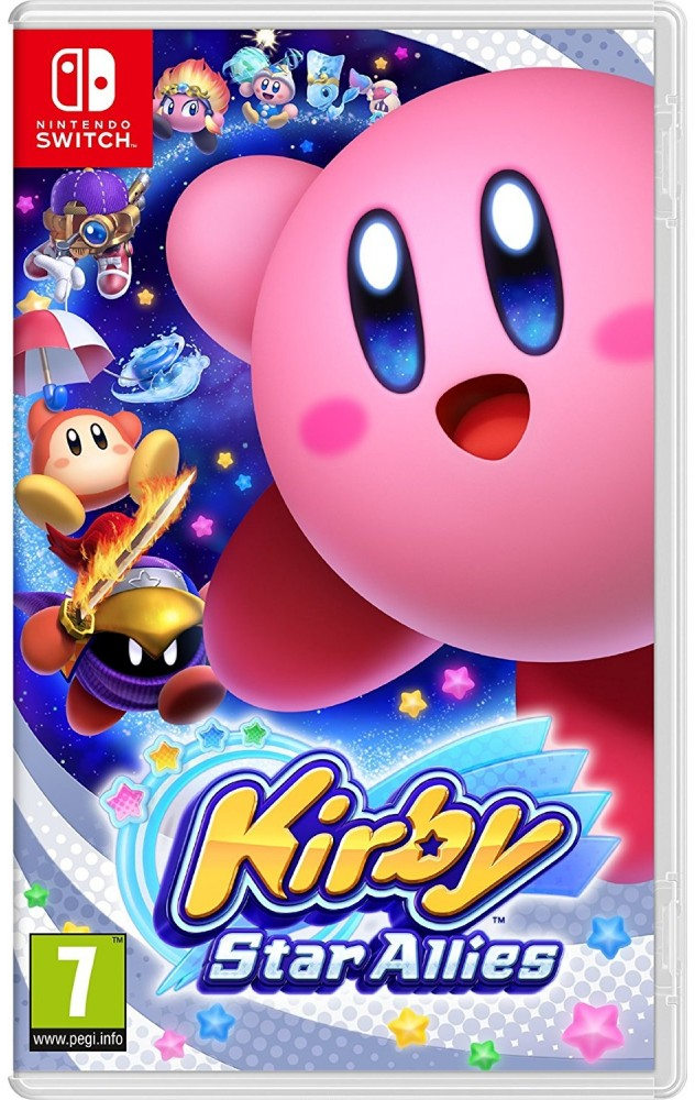 Boîtier de jeu Nintendo Switch. Titre : 'Kirby Star Allies'. Personnage Kirby rose à l'avant.