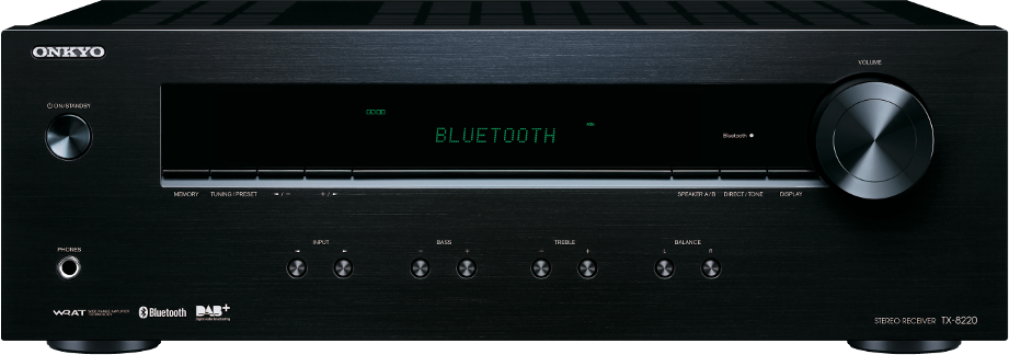 Zwarte Onkyo stereoreceiver met Bluetooth-display. Kenmerken zijn volumeknop, invoerknoppen en een scherm met "Bluetooth".