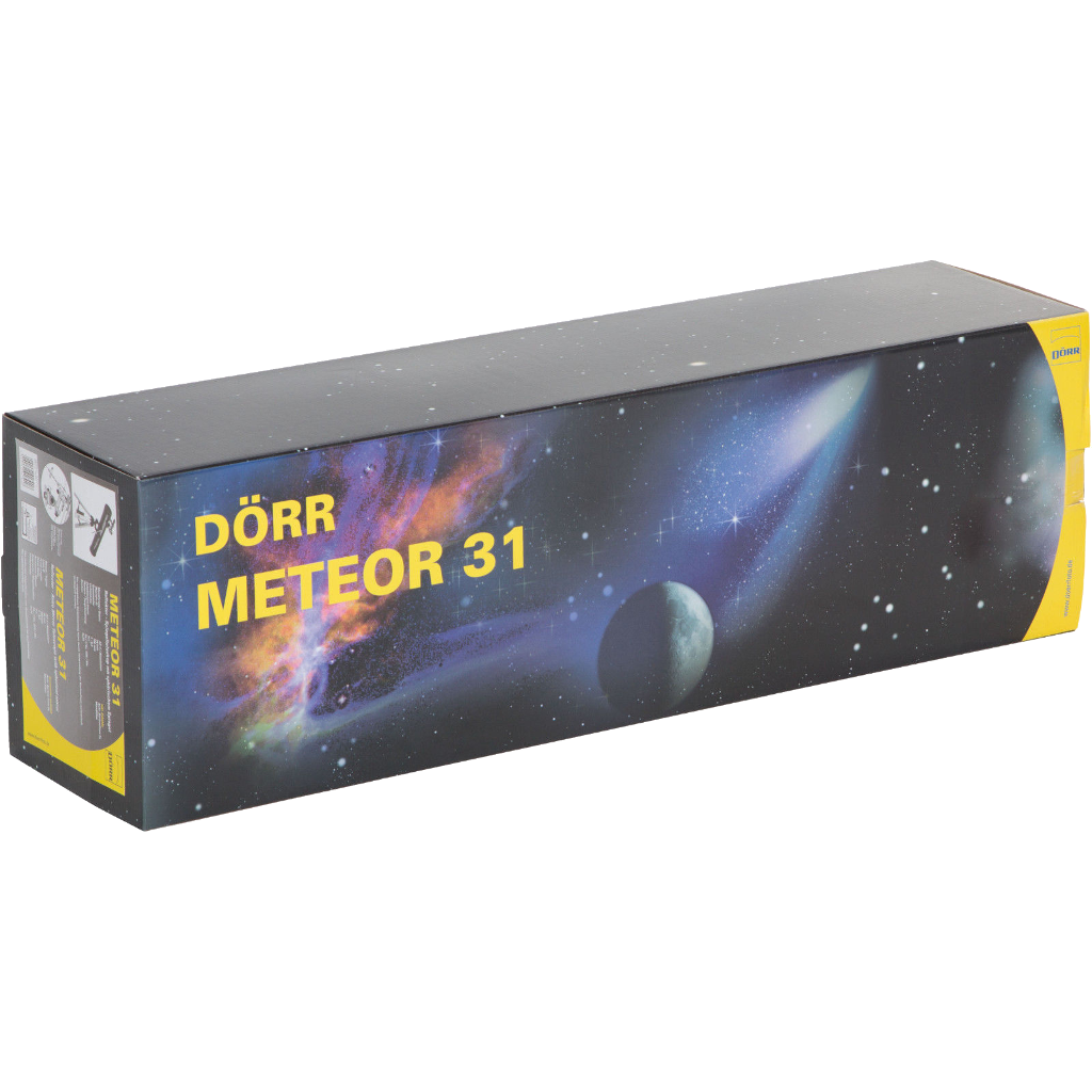 Egy doboz űrjelenettel, a "Dörr Meteor 31" felirat látható. A doboz fekete, sárga csíkkal az oldalán.