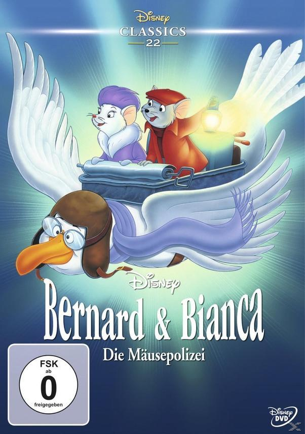 DVD-Cover für 'Bernard & Bianca'. Enthält animierte Mäuse auf einem Vogel, mit Text auf Deutsch.