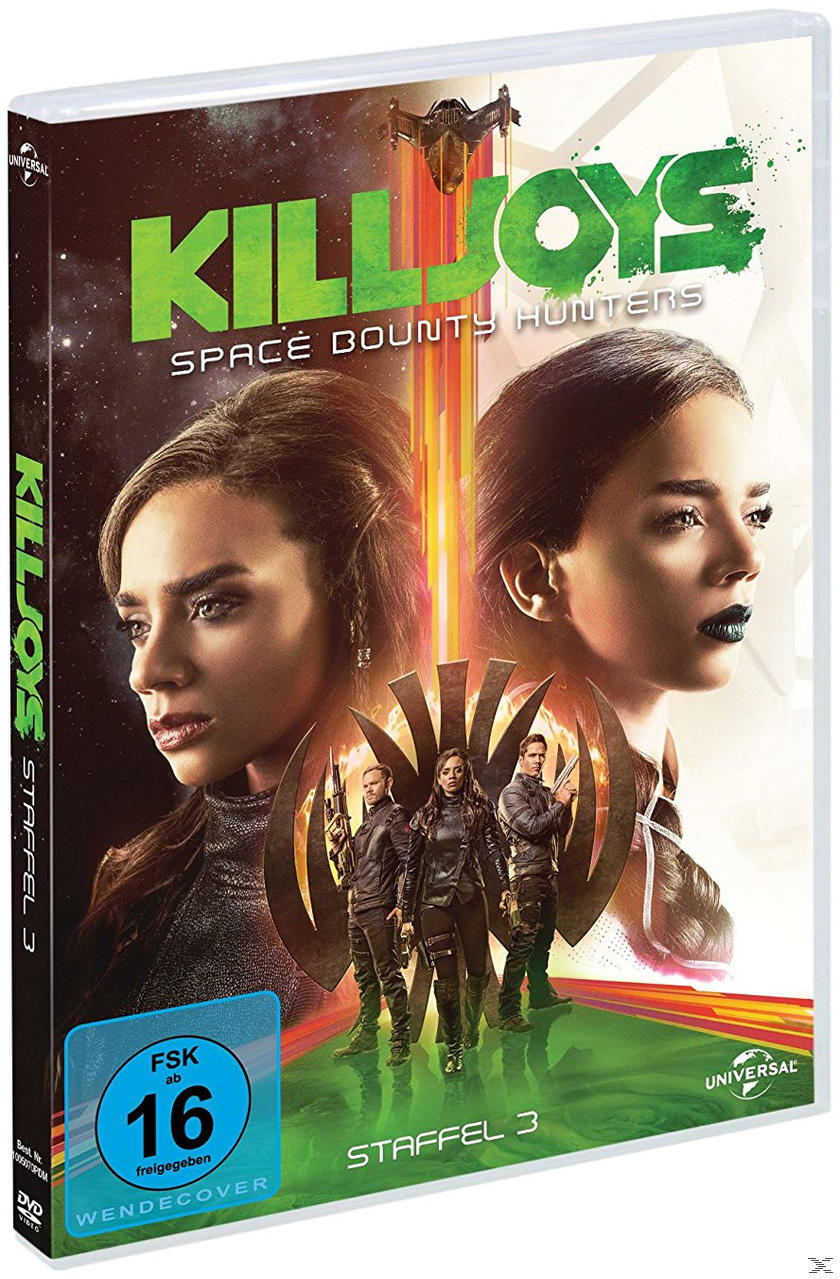 DVD-Hülle von Killjoys. Zwei Frauen und drei Männer sind auf dem Cover, mit Weltraumhintergrund.