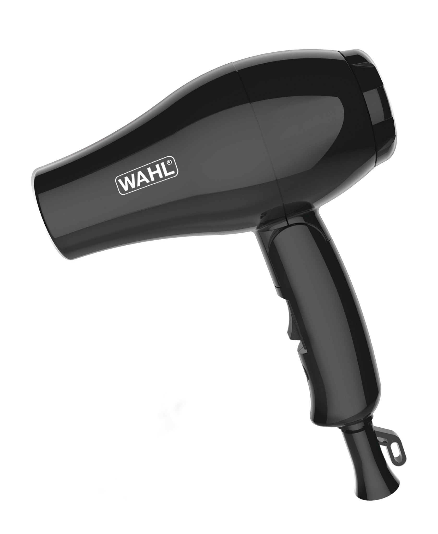 Schwarzer Wahl-Haartrockner. Der Griff hat einen Ein-/Ausschalter. Der Markenname ist sichtbar.