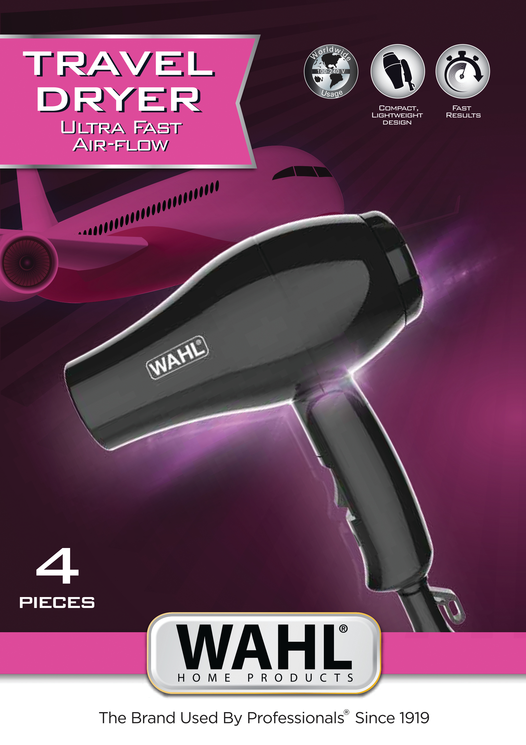 Schwarzer Wahl Reisetrockner mit rosa Akzenten. Text lautet 'Travel Dryer' und 'Ultra Fast Air-Flow'.