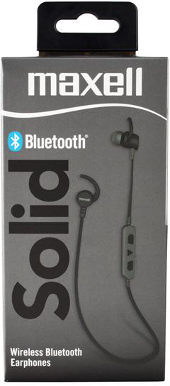 Maxell Solid Bluetooth vezeték nélküli fülhallgató fekete-szürke dobozban, fekete tetővel.