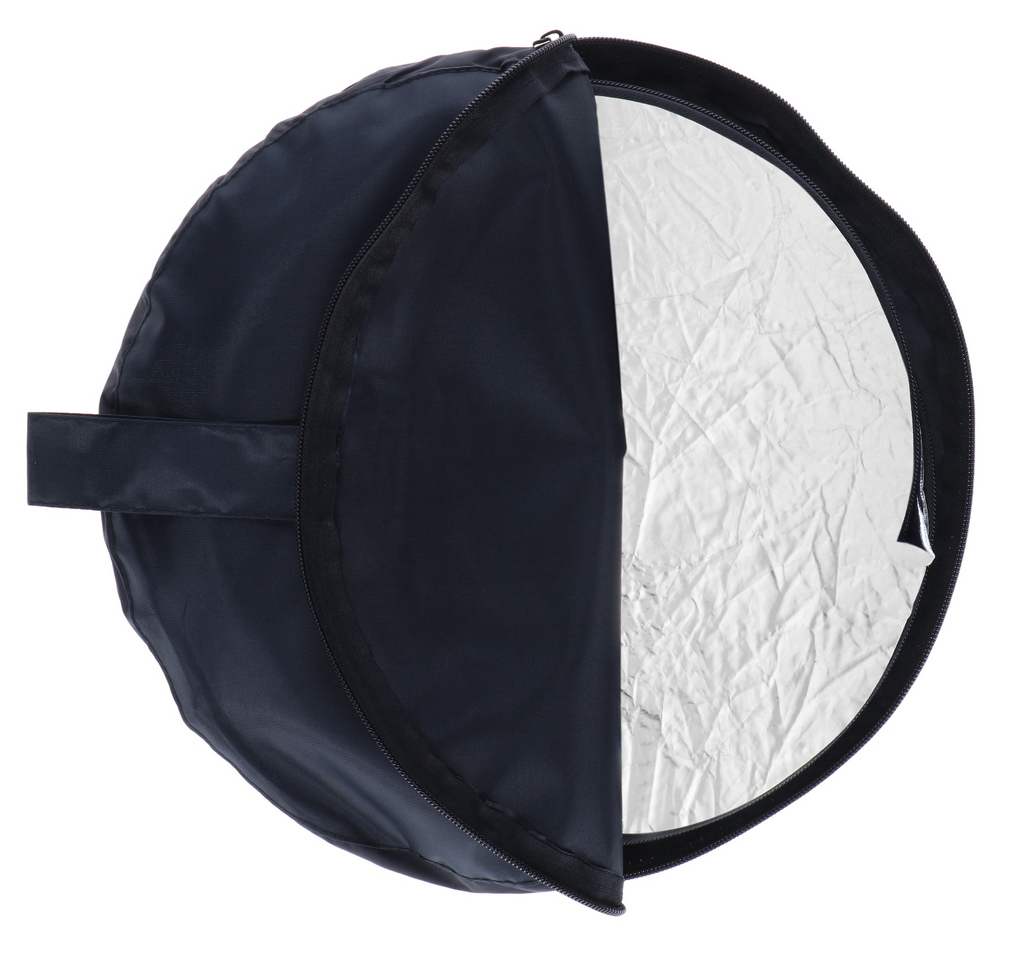 A dark blue circular reflector with an open zipper, revealing a silver reflective surface.