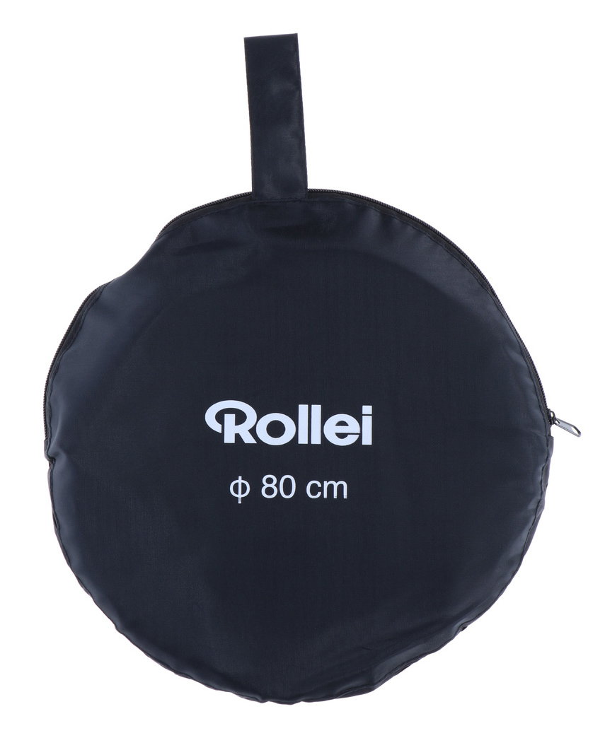 A black folded circular reflector bag with 'Rollei' logo and 'ø 80 cm' text on it.