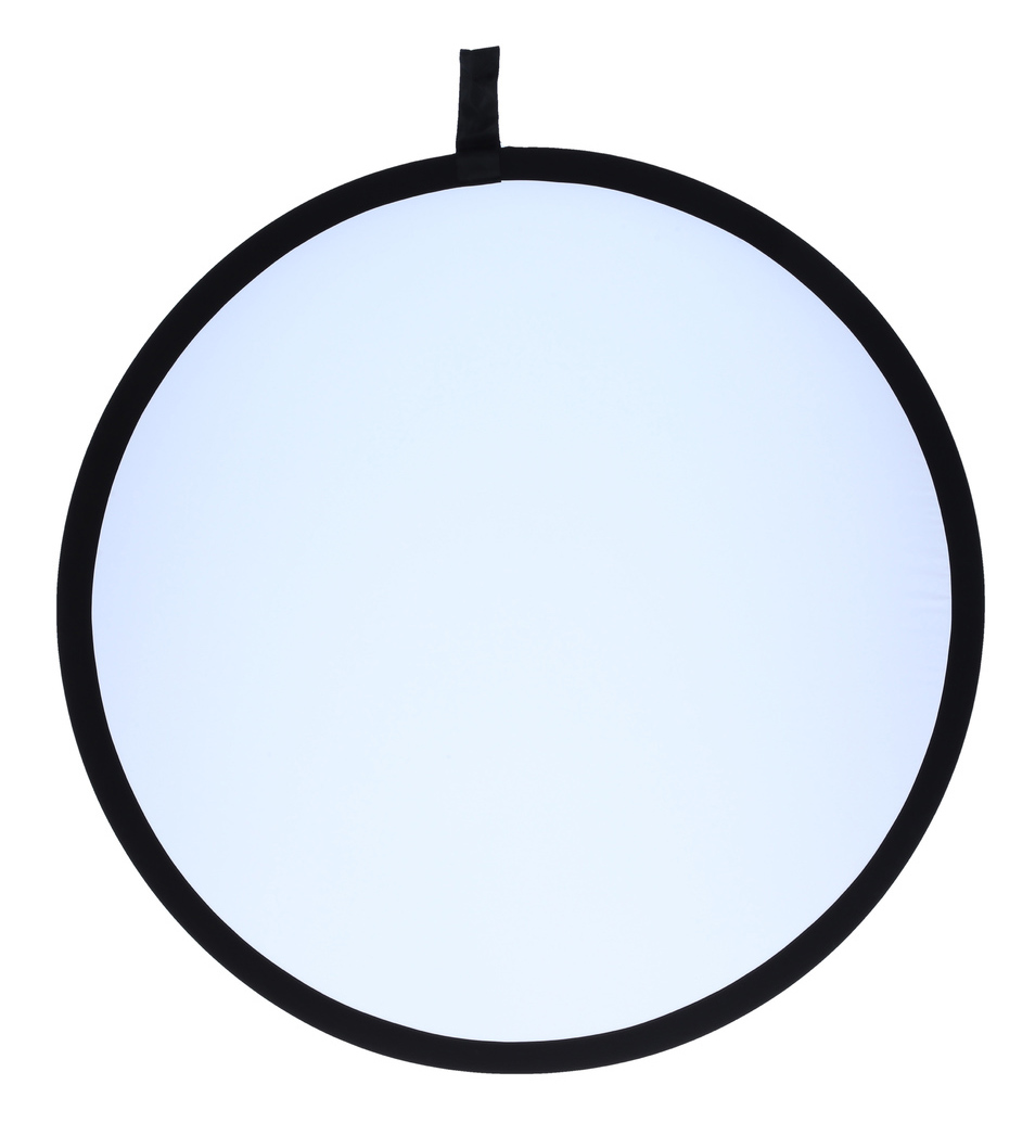 Round photography reflector, black frame, white and silver surface.