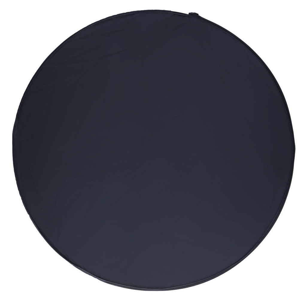 Circular black reflector, dark color, with a zipper. White background.