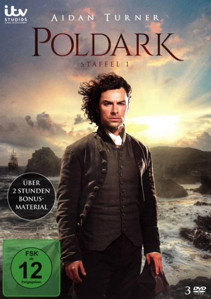 DVD-Cover für 'Poldark'. Es zeigt Aidan Turner. Der Hintergrund enthält eine Küstenlandschaft und Text.