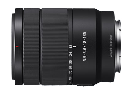 A black camera lens with a zoom ring and focal length markings.