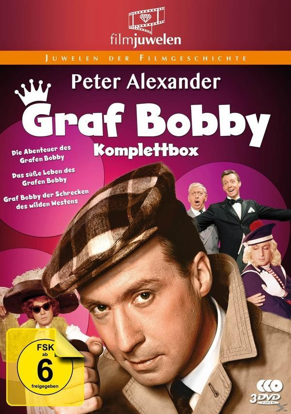 DVD-Cover, Graf Bobby, Peter Alexander. Das Cover zeigt den Schauspieler mit Hut und Bilder von anderen Charakteren.
