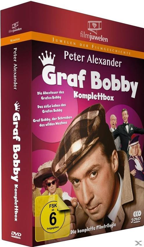 DVD-Box-Set: Graf Bobby. Text und Bilder des Films. Rosa und rote Farben.