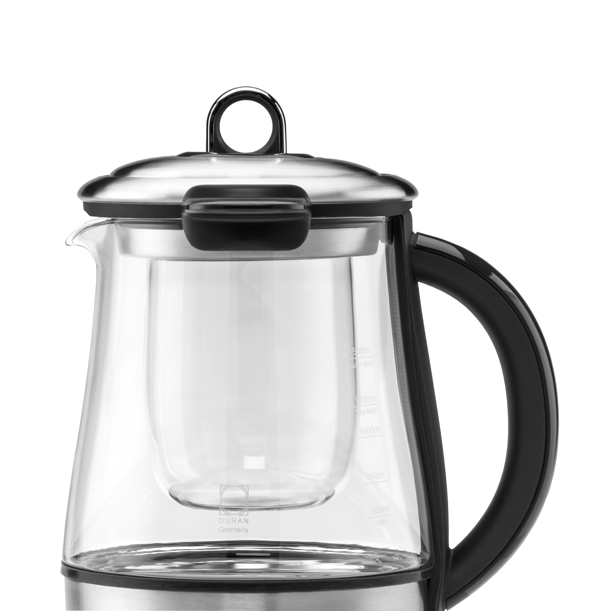Eine klare Glasteekanne mit schwarzem Griff und Metalldeckel.