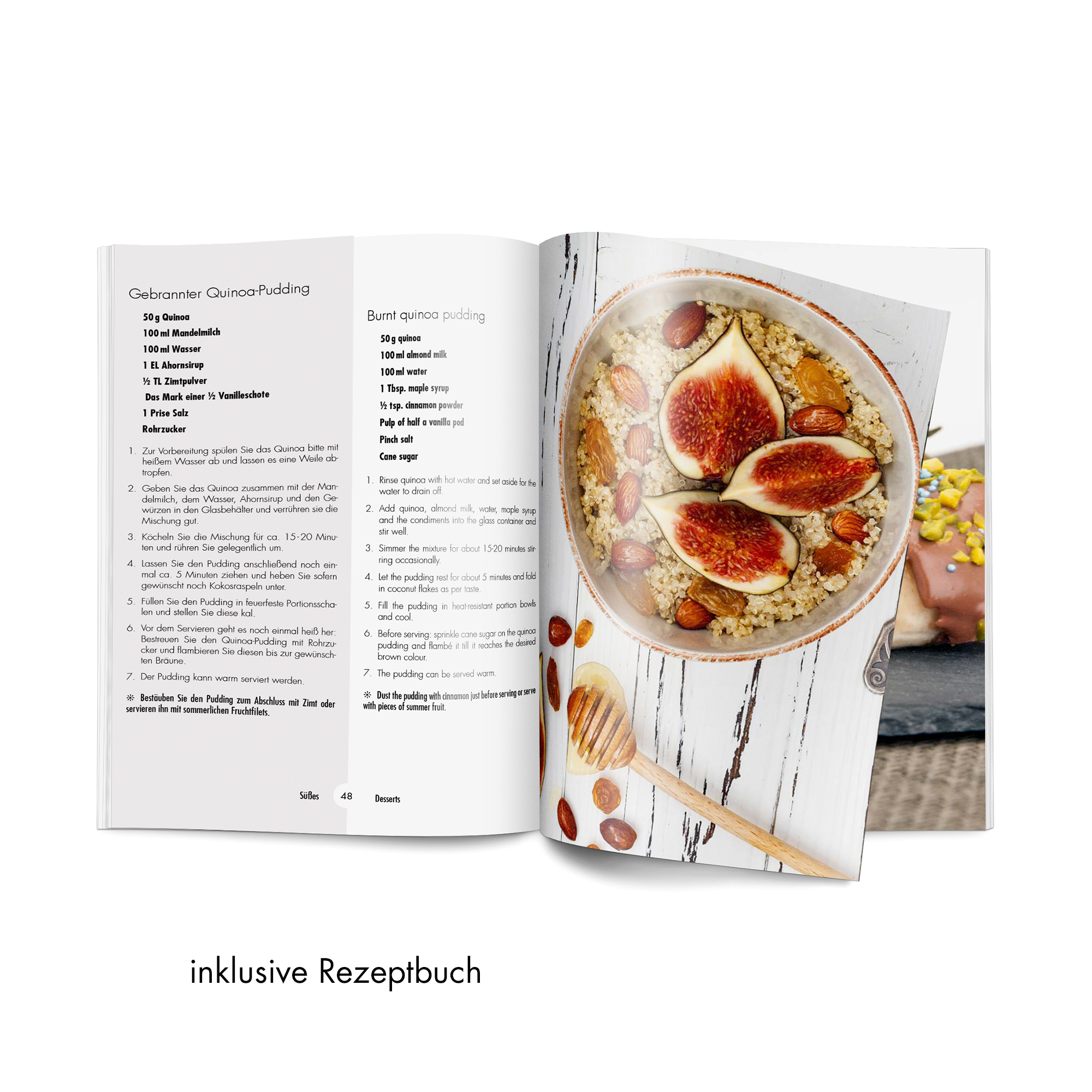 Offenes Kochbuch mit Rezept für verbrannten Quinoa-Pudding und Feigen-Mandel-Garnitur.