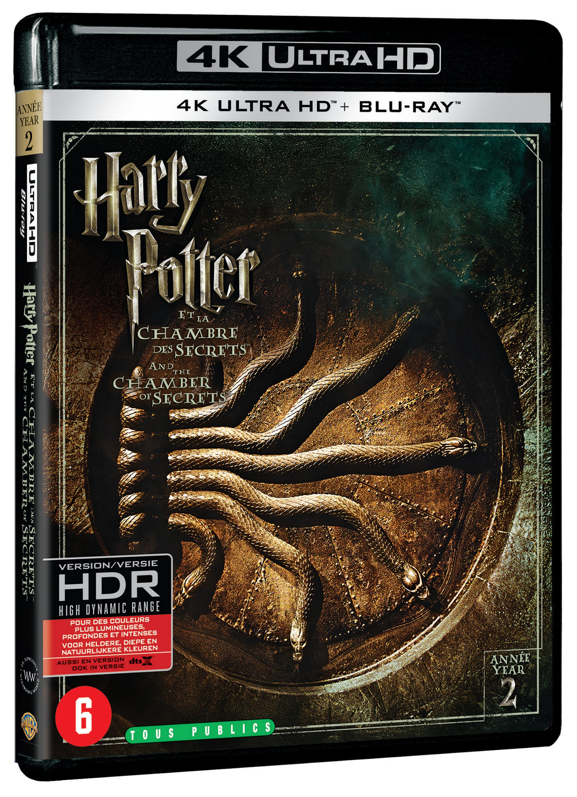 DVD-hoes voor 'Harry Potter en de Geheime Kamer', met een groen en bruin beeld van slangen.