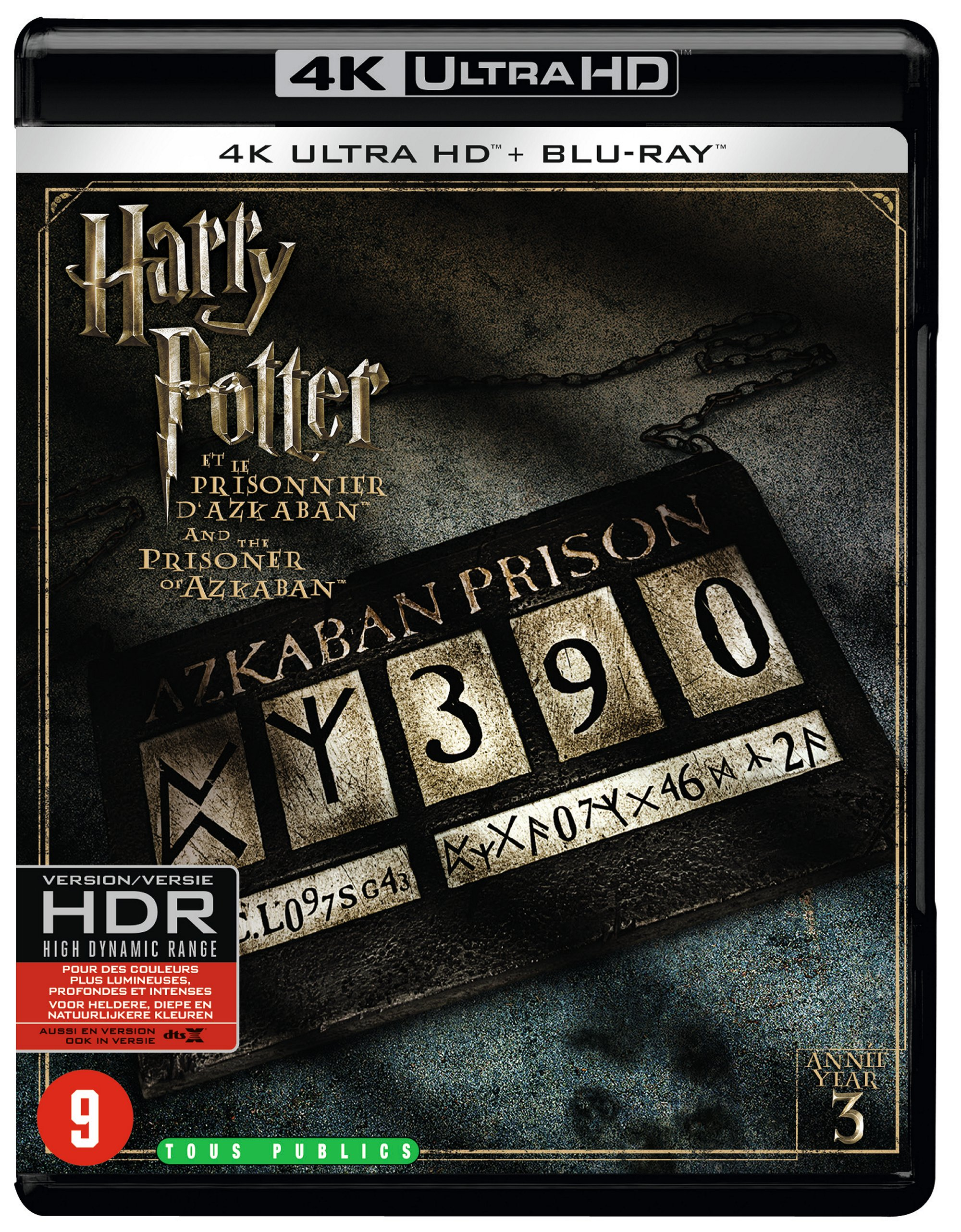 Couverture du film Harry Potter et le Prisonnier d'Azkaban, 4K Ultra HD Blu-ray. Comprend le texte du titre, une étiquette de prison et une note.