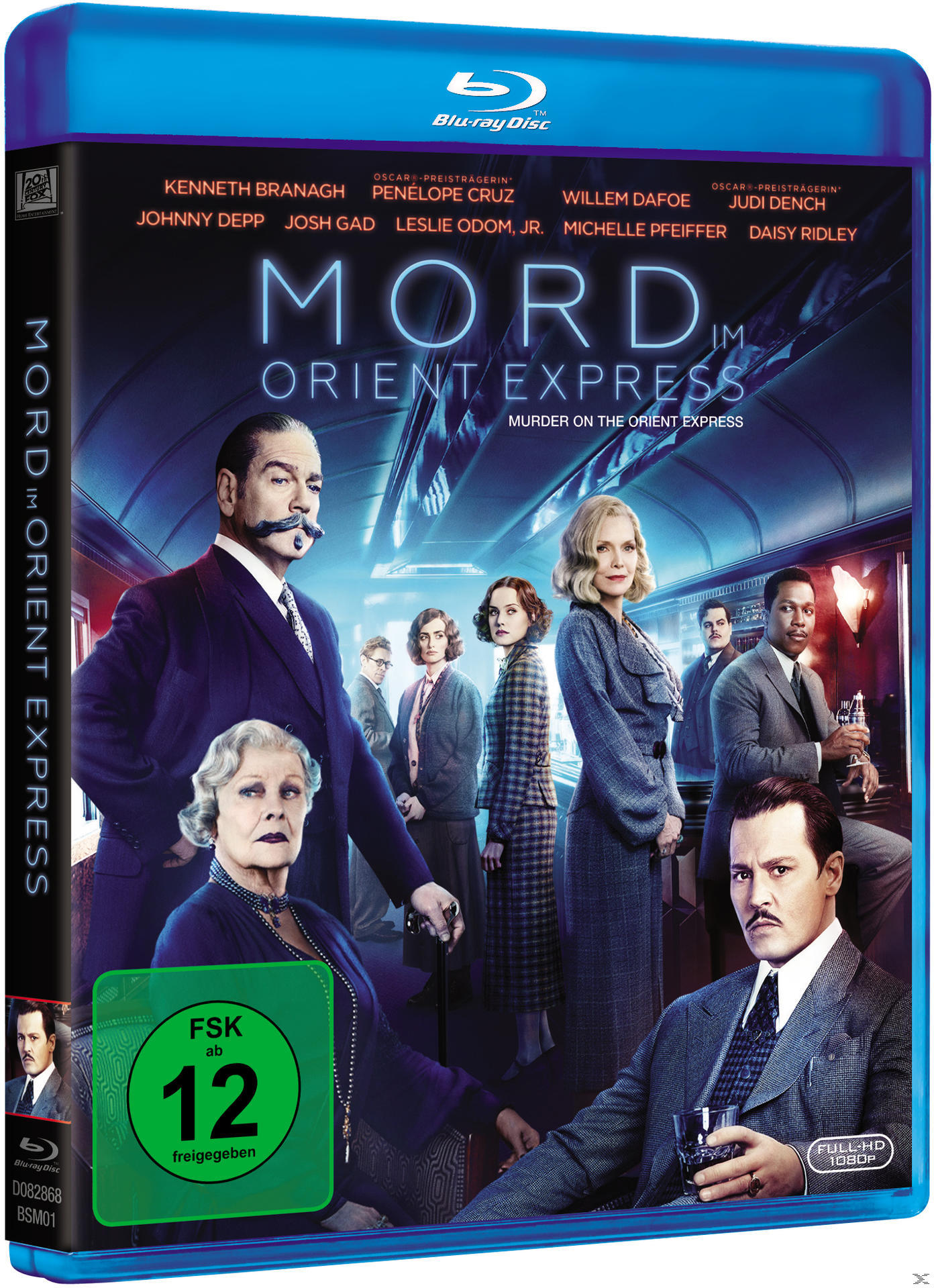 Blu-ray Disc-Cover für "Mord im Orient Express". Mit Besetzung einschließlich Johnny Depp und Michelle Pfeiffer.