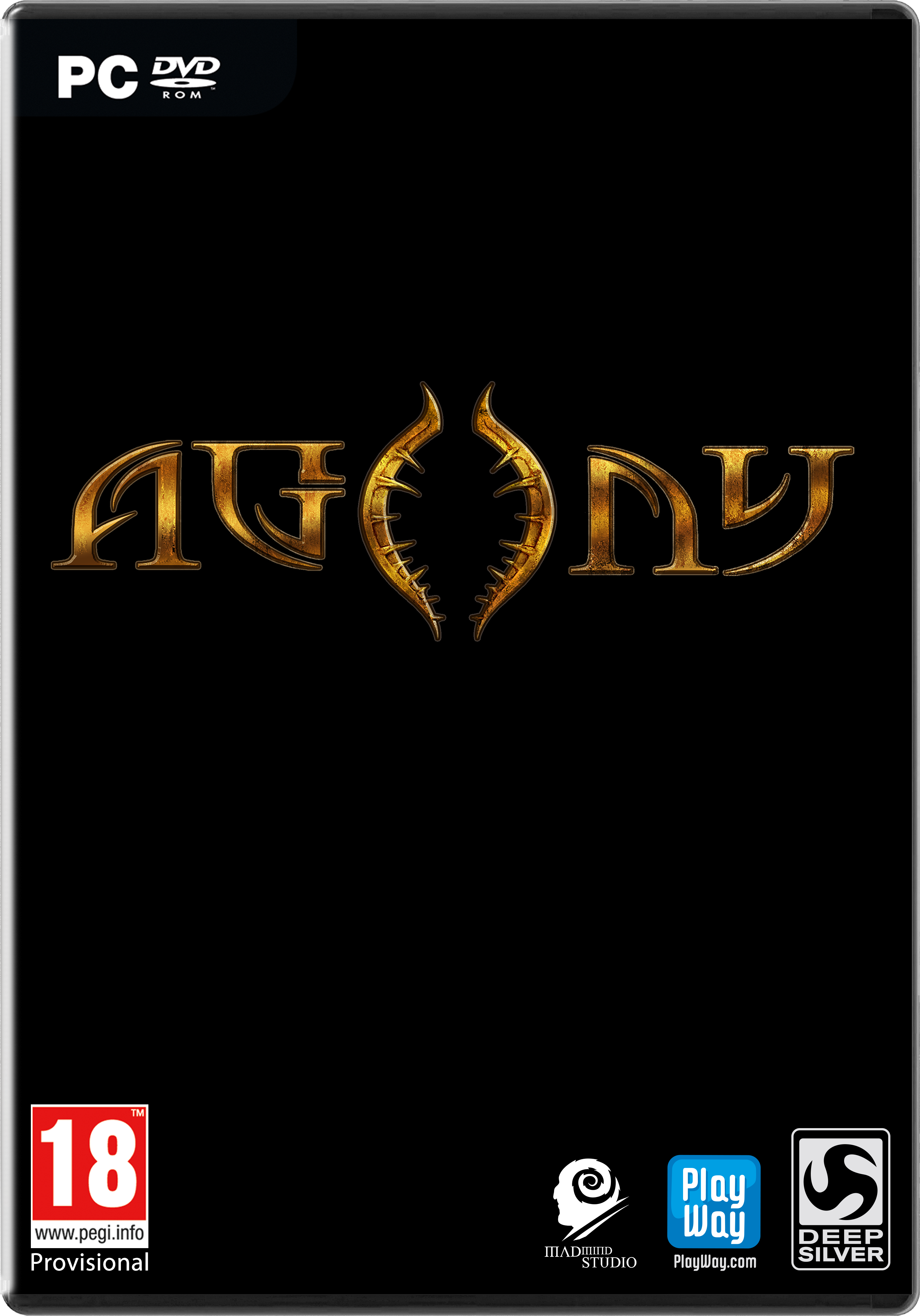 Couverture de jeu, fond noir, titre doré "AGONY". Comprend les logos: PC, DVD, PEGI 18, Madmind Studio, PlayWay.com et Deep Silver.