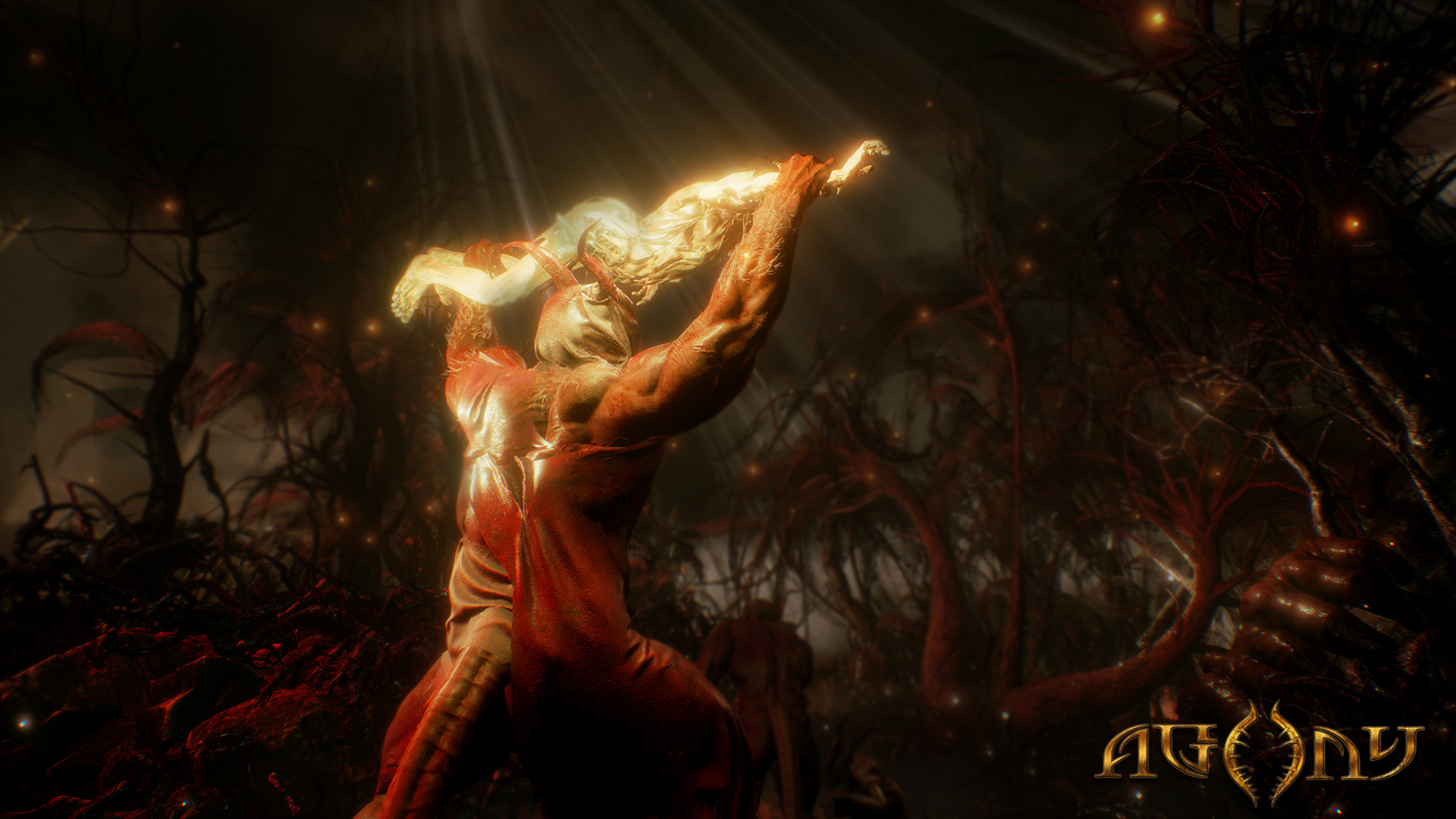 Figure musclée tenant une figure lumineuse dans un environnement sombre et surréaliste avec branches rouges tordues.