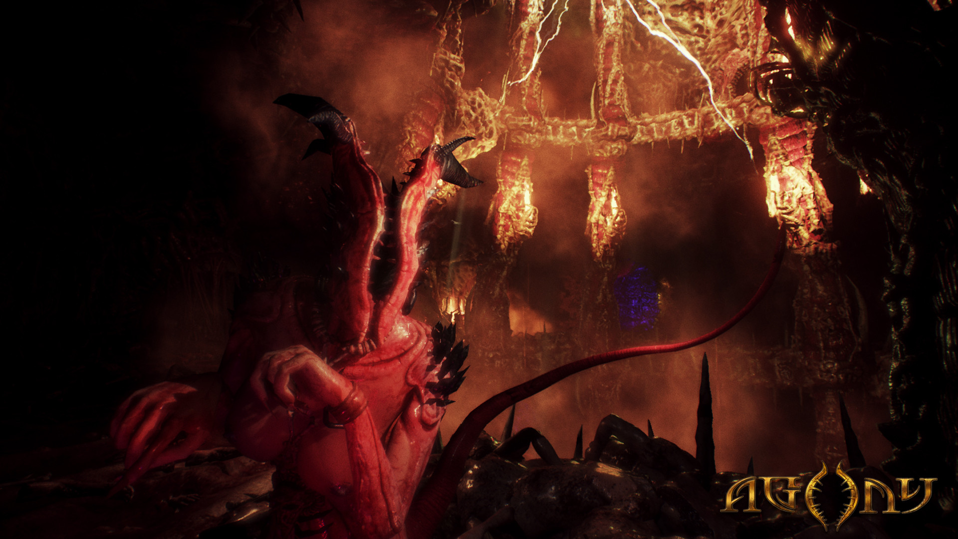 Scène d'un jeu vidéo. Une créature rouge dans un environnement sombre et enflammé.