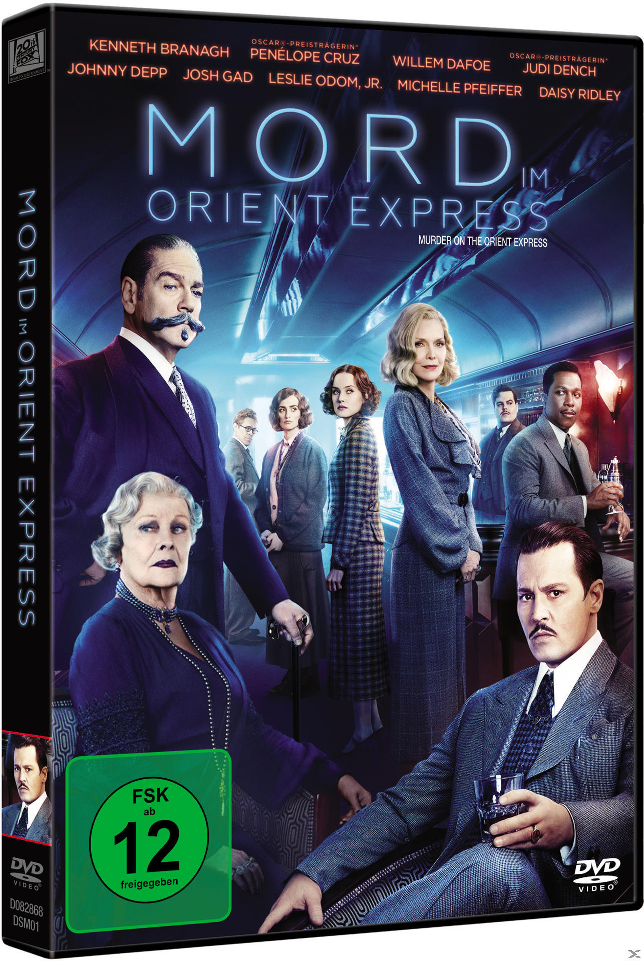 'Mord im Orient Express' DVD-Cover. Schauspieler in einem Zug, dunkle Farben.